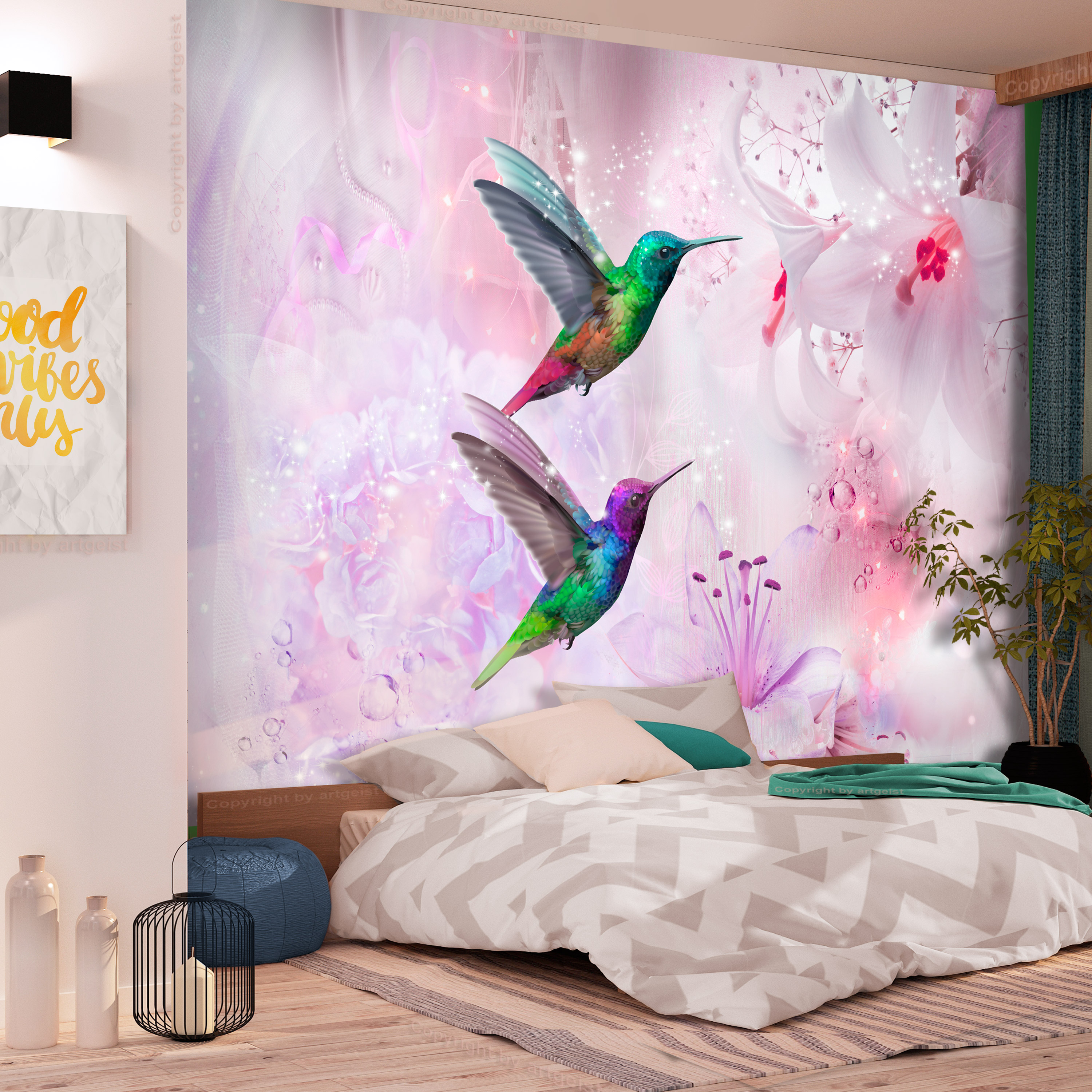 Fototapet Arkiio Självhäftande Colourful Hummingbirds Purple
