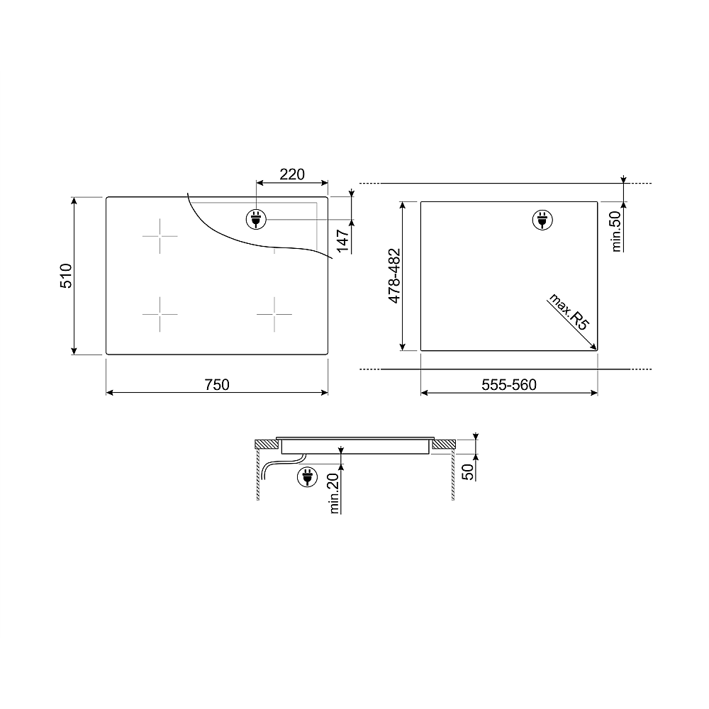 Induktionshäll Smeg SI1M24744D med 4 kokzoner Svart 75 cm