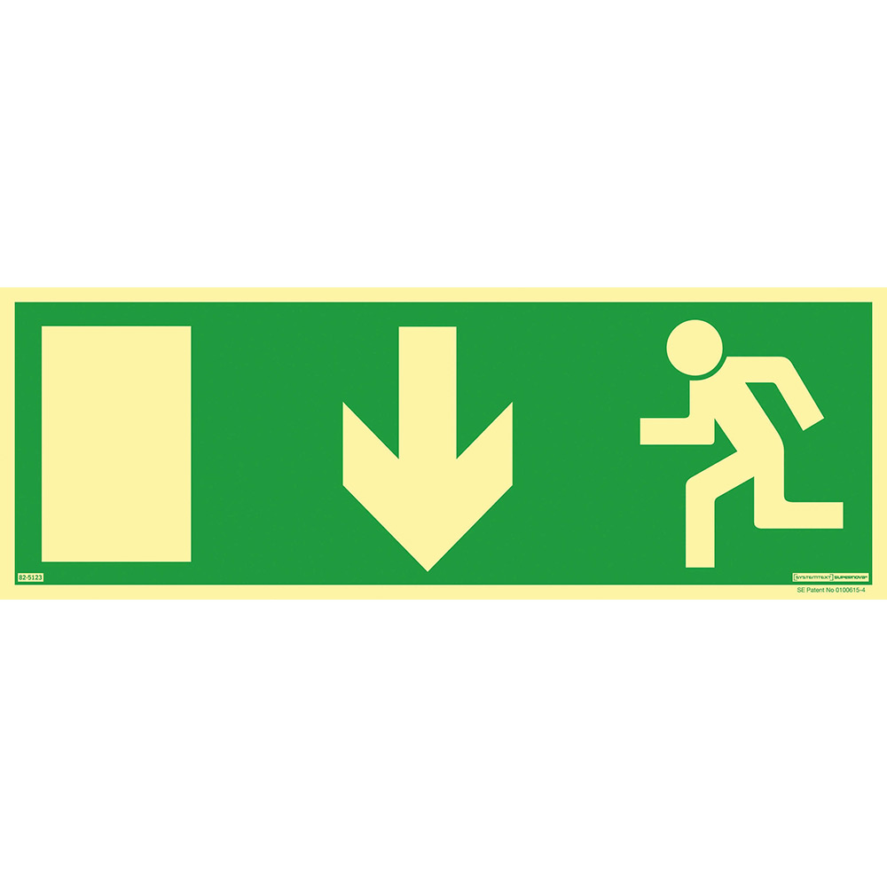 Skylt Systemtext Utrymning Pil Ner Aluminium Supernova