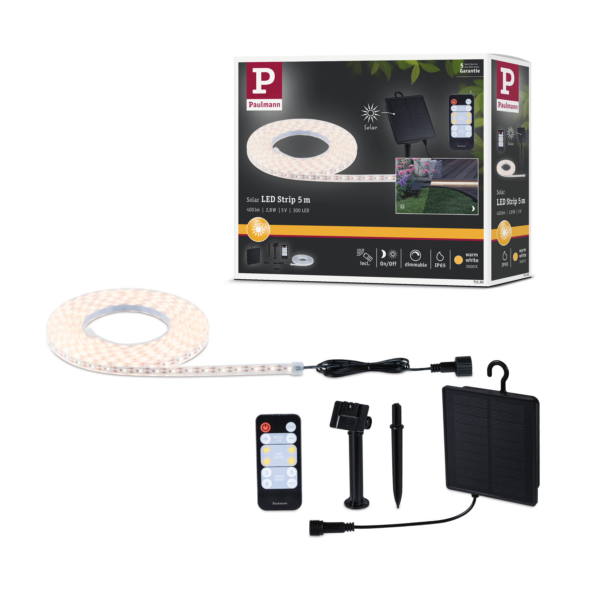 Solcellsljuslinga LED Paulmann MaxLED Ljusstrip inkl. Fjärrkontroll IP44 Ljus: Soft White, Längd: 5 m