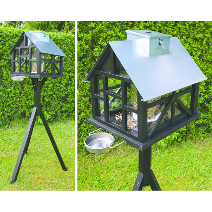 Fågelmatare Ryom Panorama med Stativ - Svartmålat Trä och Silverfärgat Metalltak