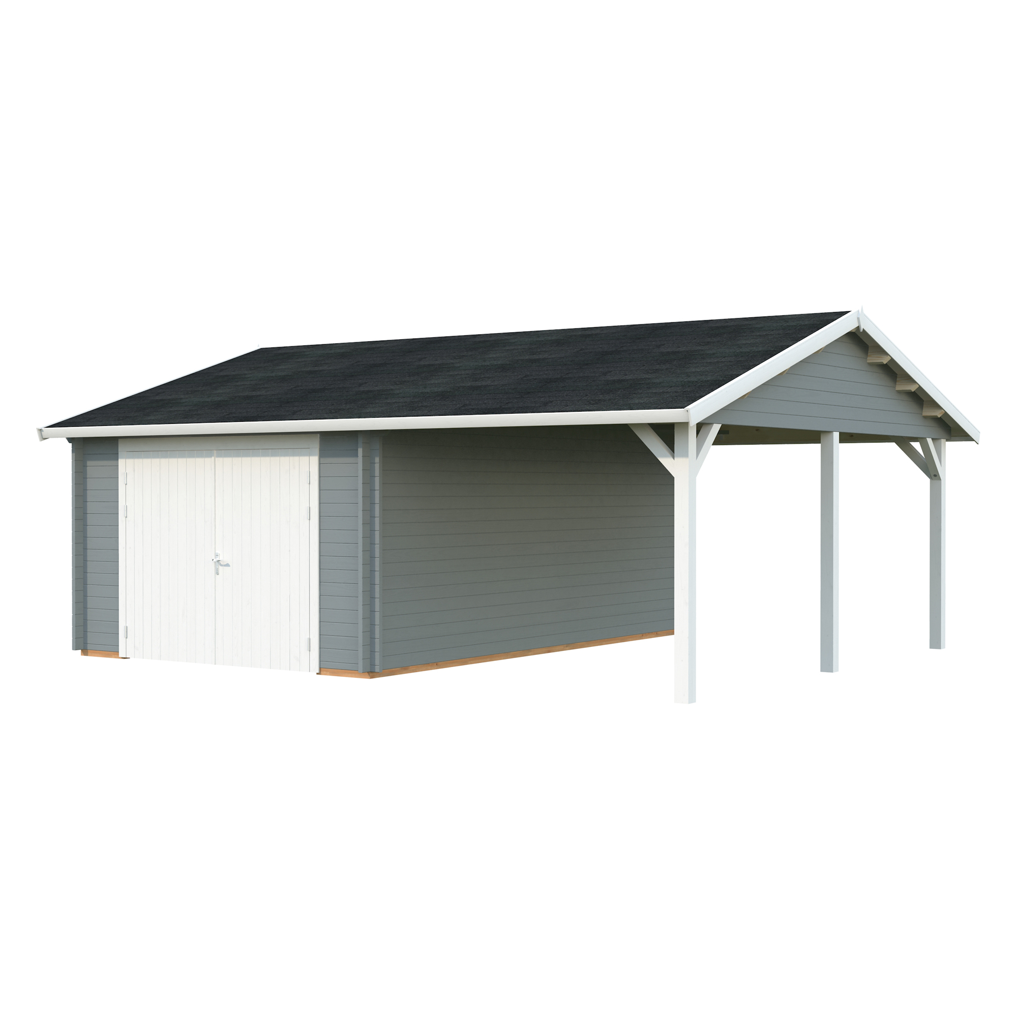 Roger 19,0+16,2 m2 with wooden gate PNT7042W2 Målad ljusgrå RAL7042 + vit RAL9016