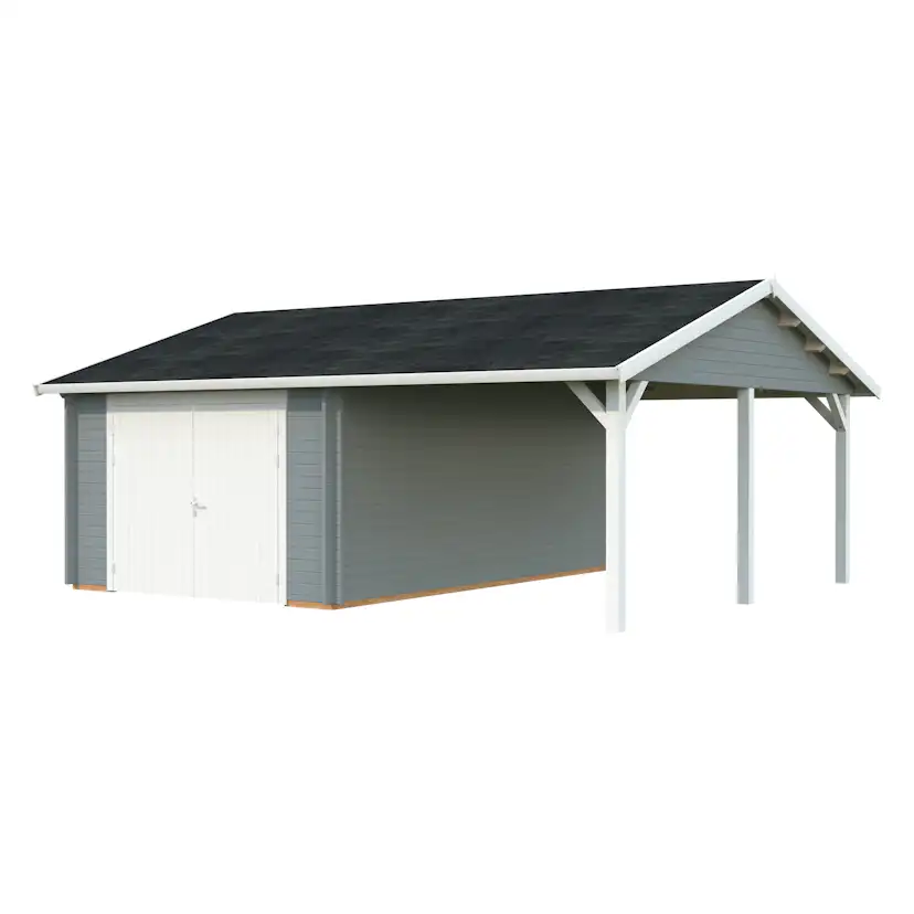 Roger 19,0+16,2 m2 with wooden gate PNT7042W2 Målad ljusgrå RAL7042 + vit RAL9016