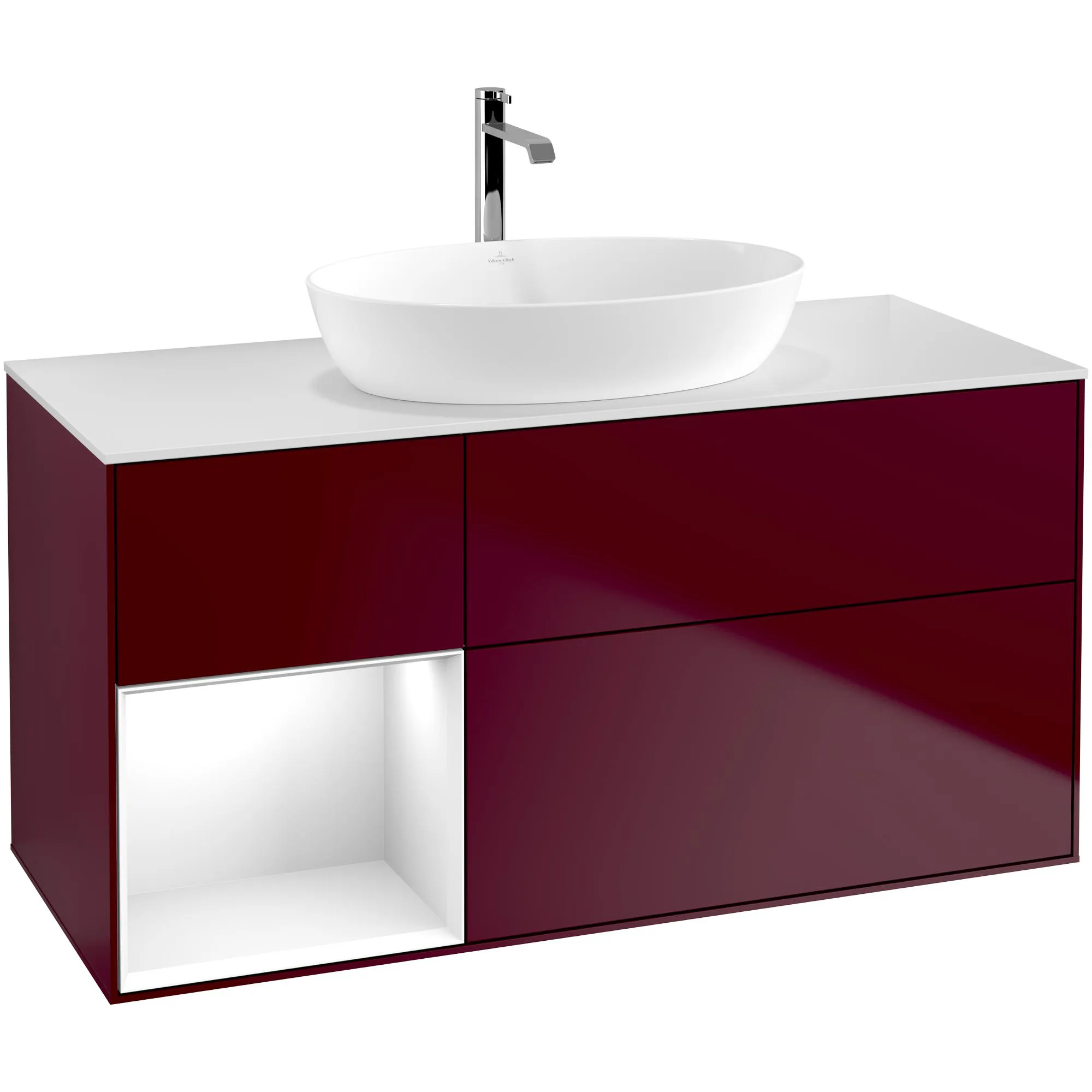 Tvättställsskåp Villeroy & Boch Finion G821GFHB Pion Mattlack/Vit Högblank med bänkskiva i Mattvitt glas med Väggbelysning, Lucka Vänster Med Blandarhål