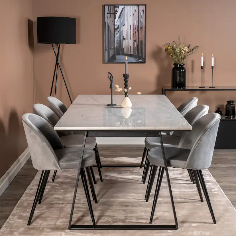 Estelle Matbord - Svart / Vit Marmor - 200*90*H76+Velvet Mat Vit/Ljusgrå