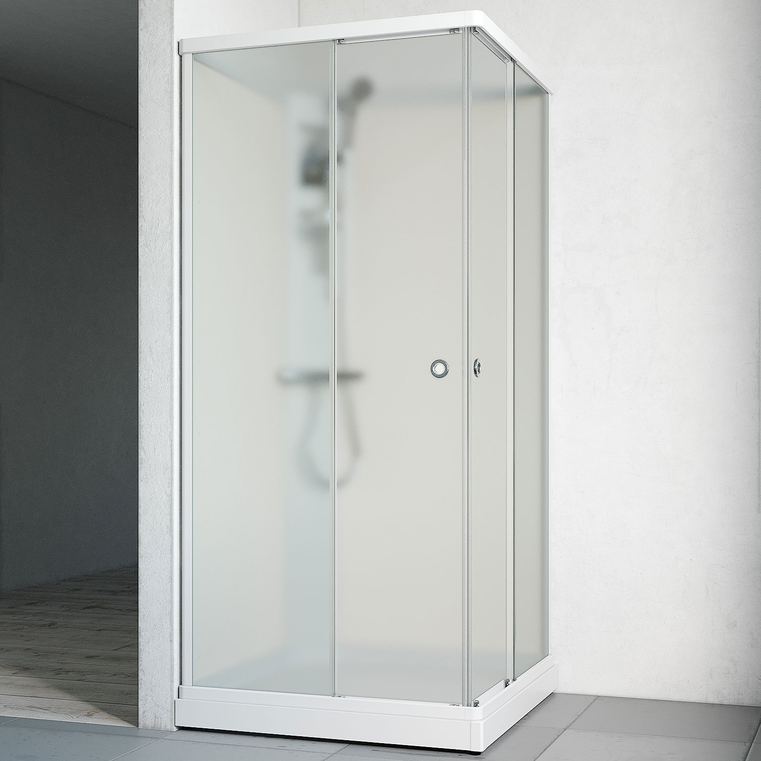 Duschkabin Macro Design Flow Rak med Blandare, 910x910 mm, Vit Profil, Ice/Vit bakvägg
