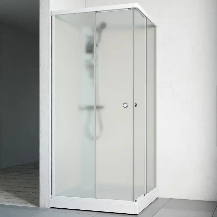 Duschkabin Macro Design Flow Rak med Blandare, 910x910 mm, Vit Profil, Ice/Vit bakvägg