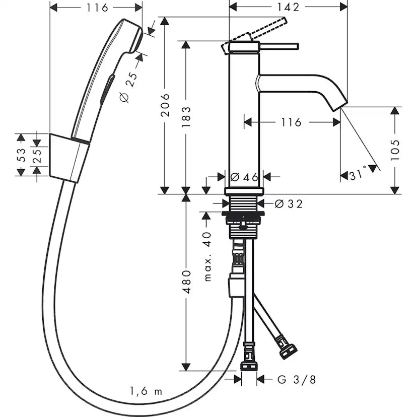 Tvättställsblandare Hansgrohe Tecturis S 110 med Bidettehanddusch och Duschslang