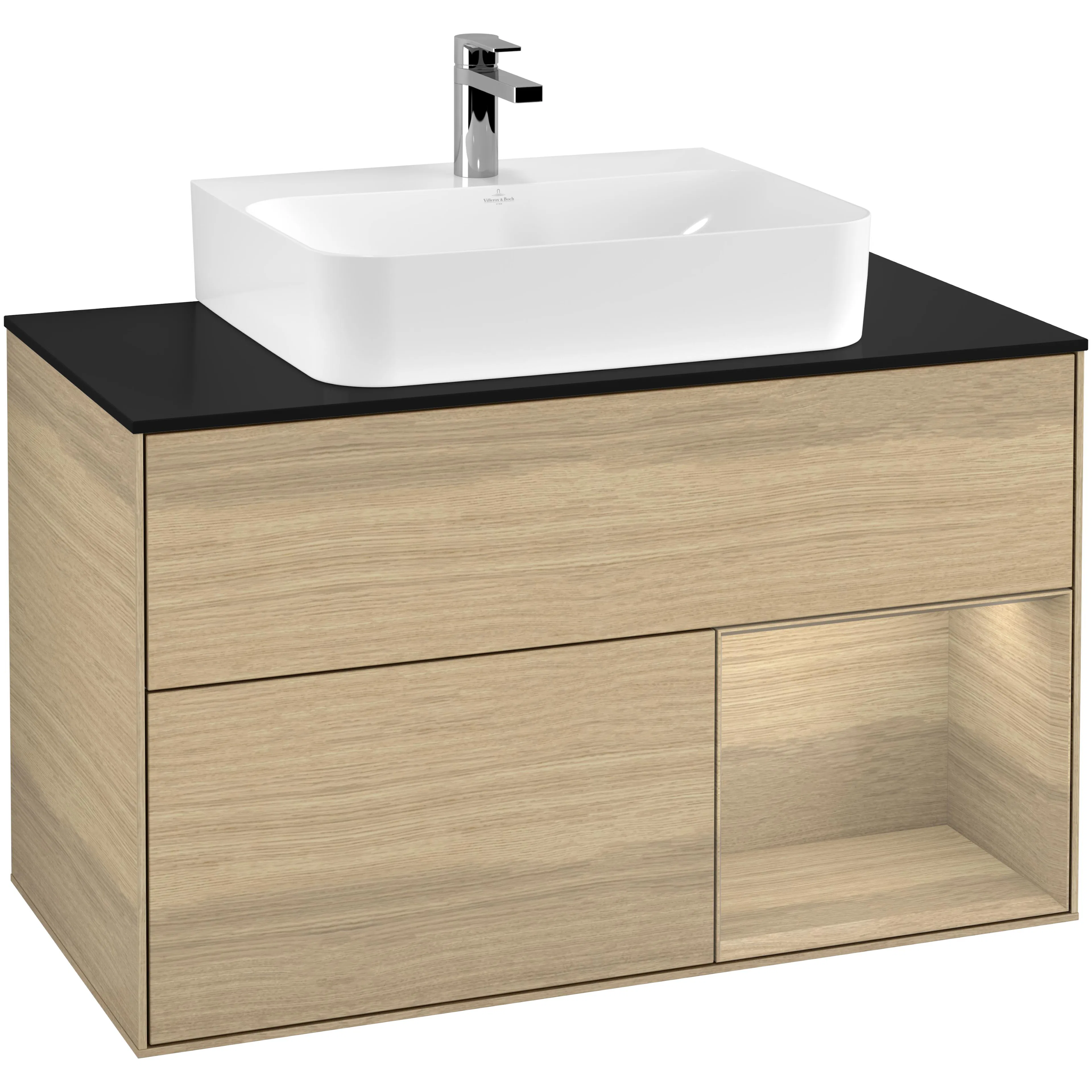Tvättställsskåp Villeroy & Boch Finion F122PCPC Ekfanér/Ekfanér med bänkskiva i Mattsvart glas, Lucka Höger