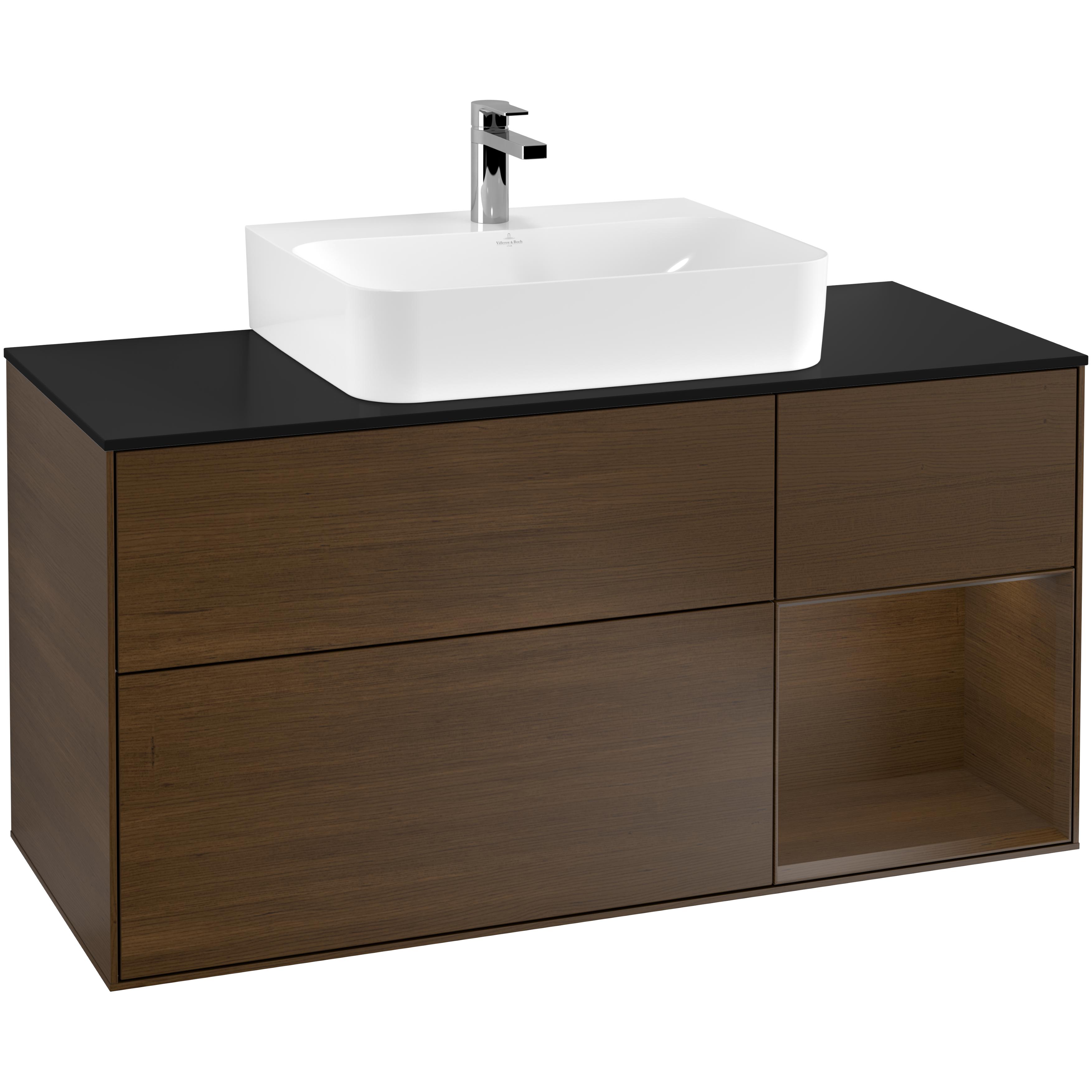 Tvättställsskåp Villeroy & Boch Finion F172GNGN Valnötsfanér/Valnötsfanér med bänkskiva i Mattsvart glas, Lucka Höger