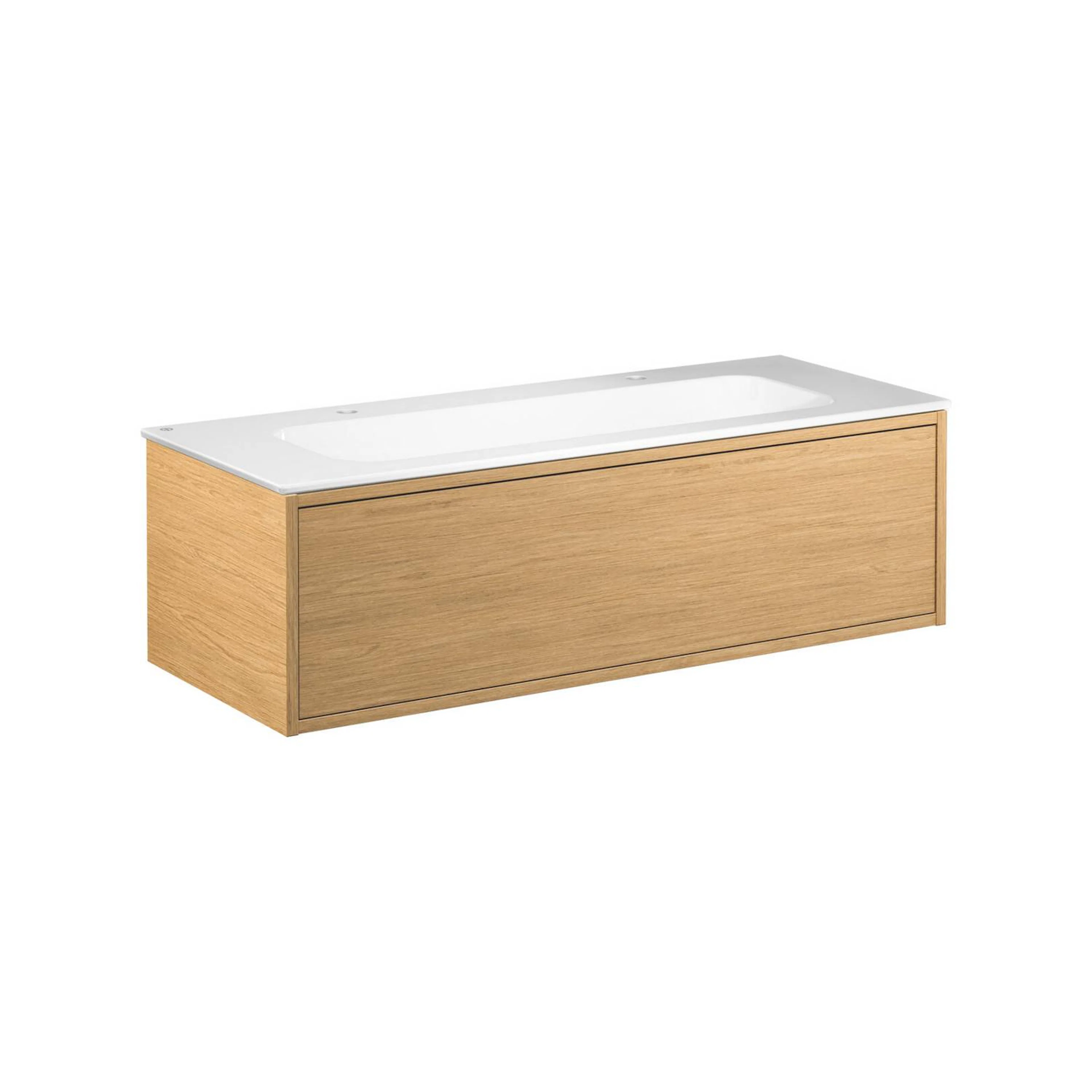 Kommod Ducentic Ljus ek - 120 cm. Porslinstvättställ, Vit, f Ljus Ek, Hål för 2 st Singelhålsblandare