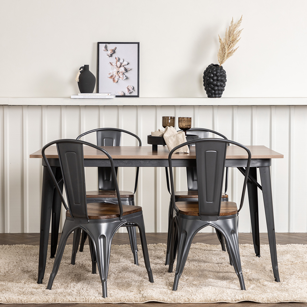 Tempe Dining Table - Black / Walnut MDF +Tempe Dining Chair Mörkgrå/Ek