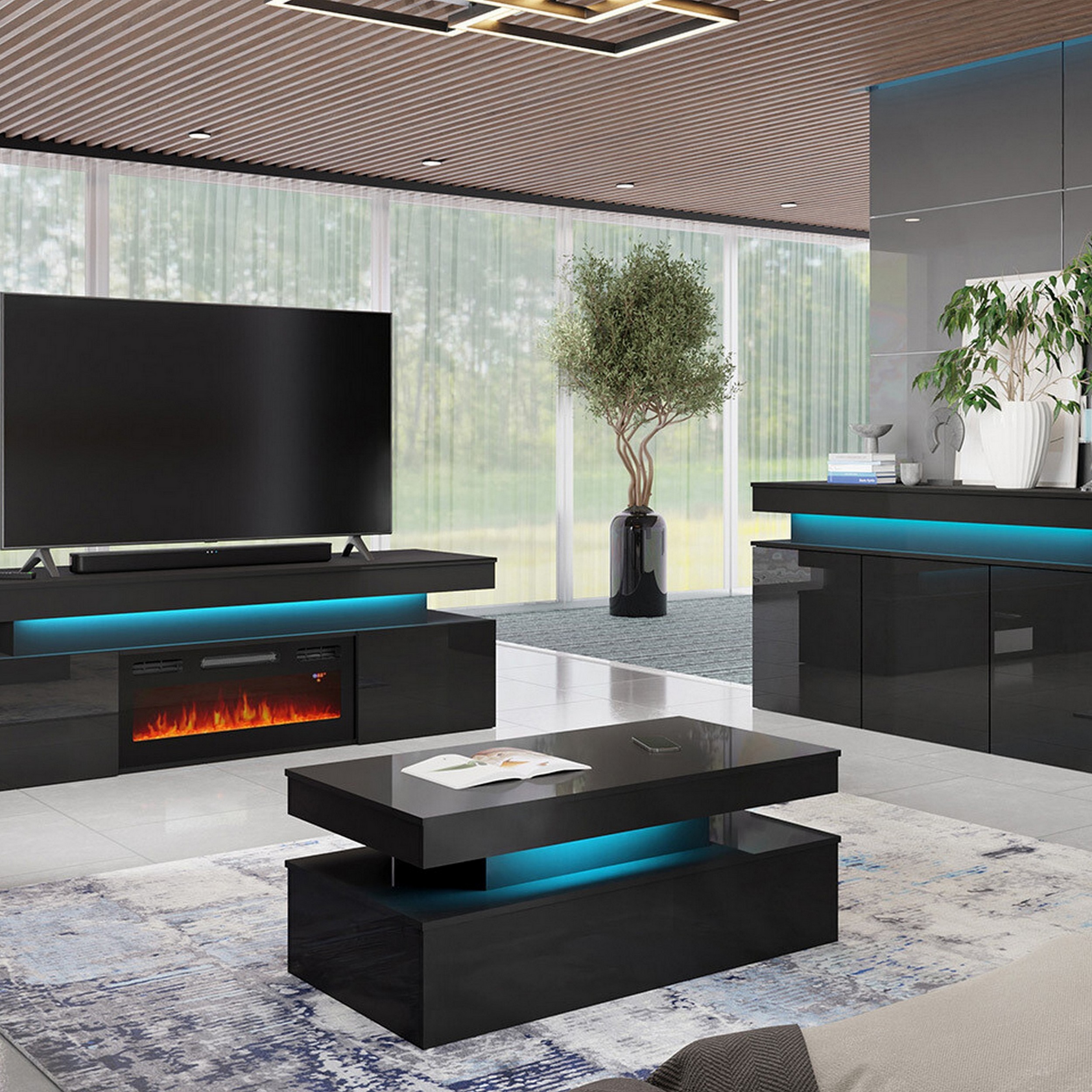 Tv-Bänk In Living Glenndale med Förvaring, Belysning och LED Kamin