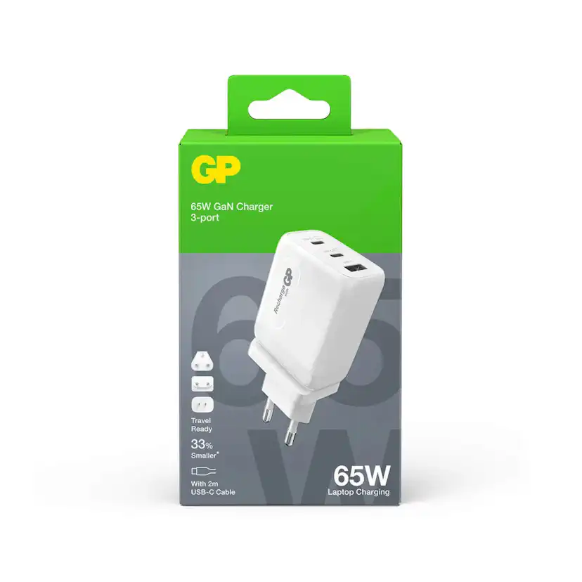 Mobilladdare GP Batteries Väggladdare GaN PD 65W inkl Reseadapter Vit