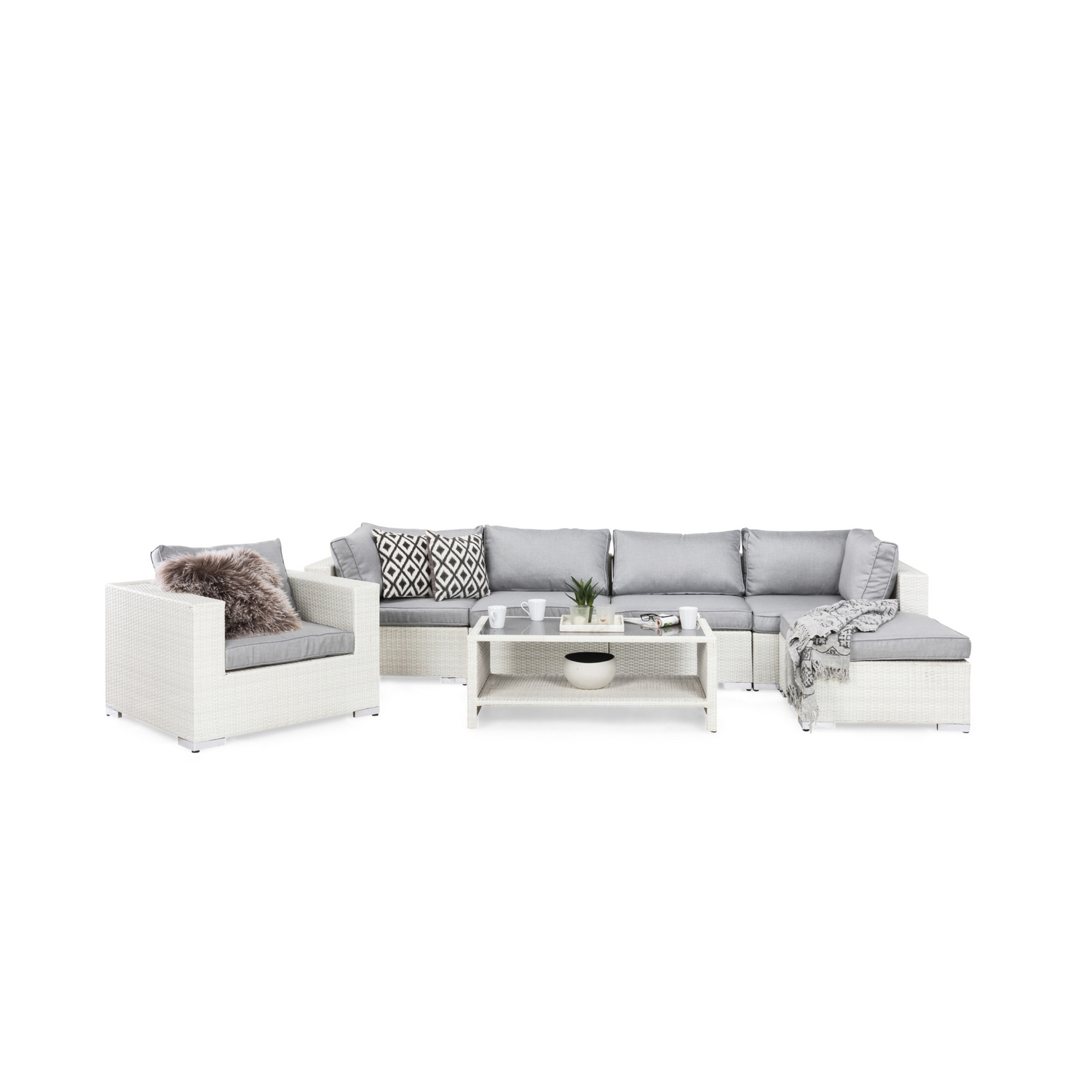 Loungegrupp Comfort Garden Bahamas 6-sits med Fåtölj, Divan och Bord med Hylla Vit/Grå
