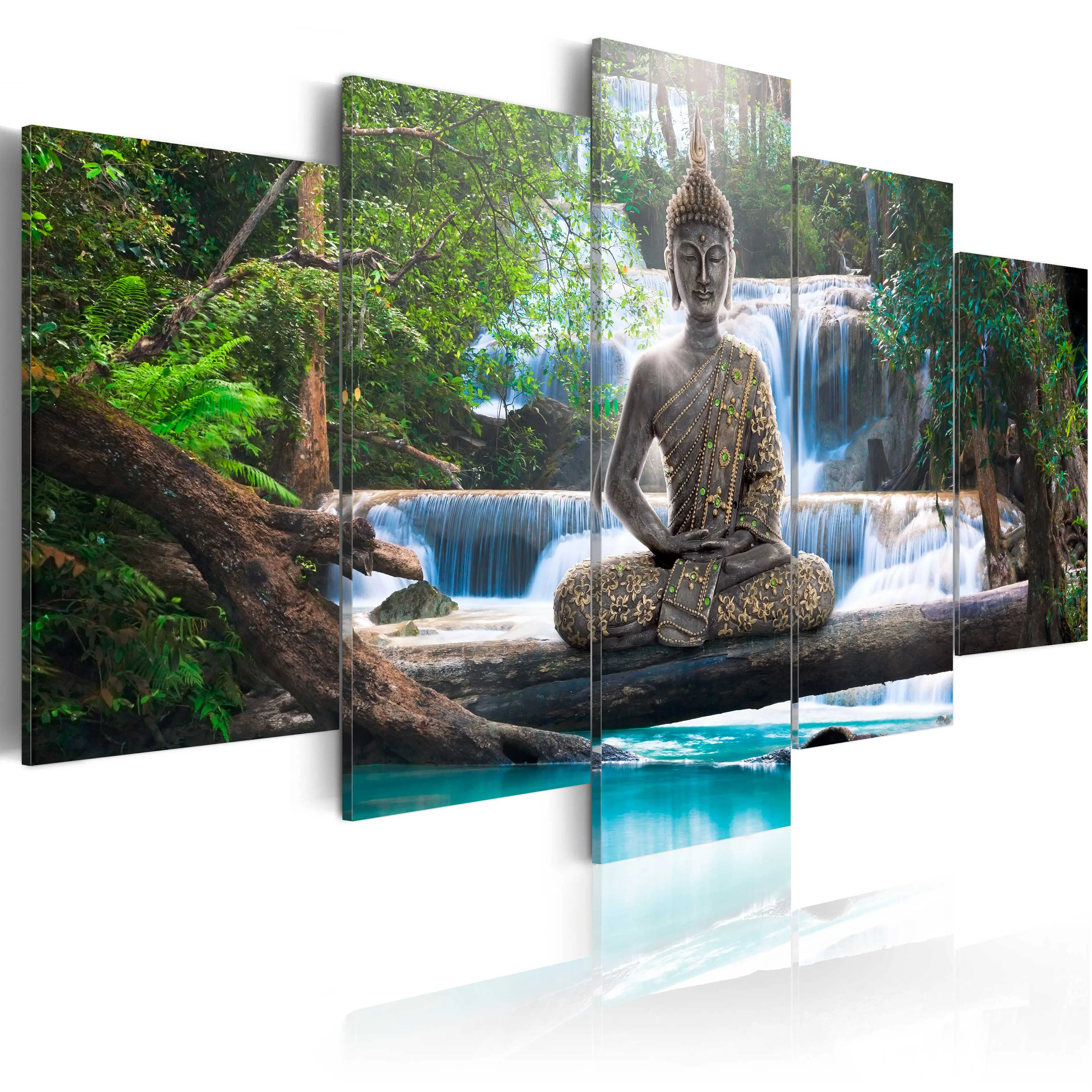 Foto på akryl - Buddha and Waterfall [Glass] 100x50 Mått: 100x50 cm