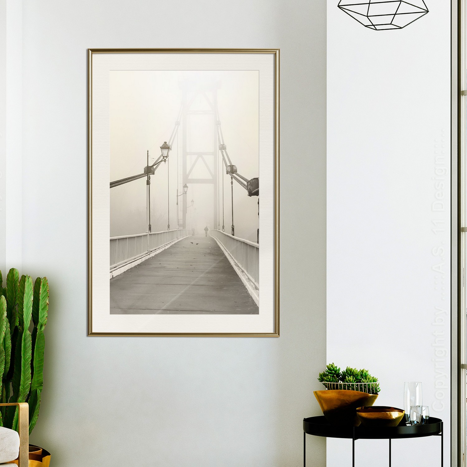 Affisch - Bridge in the Fog [Poster] 30x45 Guld ram med passepartout, 30x45 cm