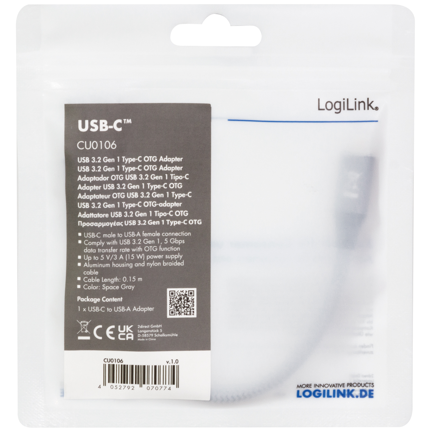 USB-C -hane till USB-A hona LogiLink OTG 15W 0,15 m