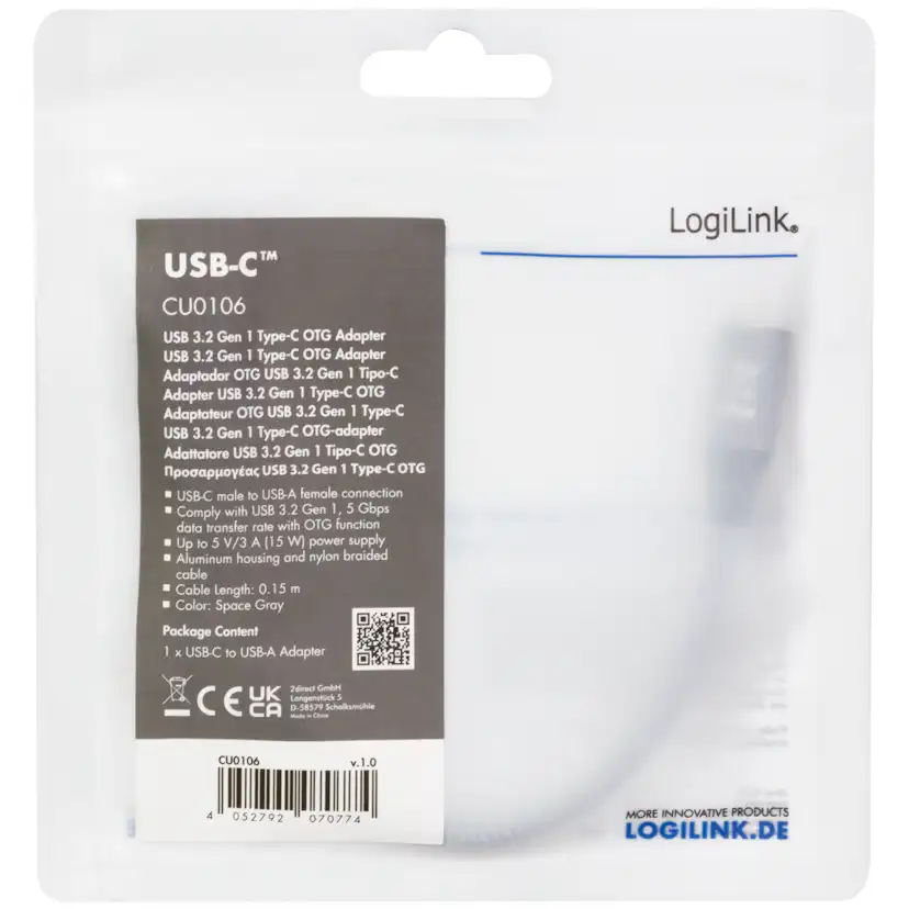 USB-C -hane till USB-A hona LogiLink OTG 15W 0,15 m