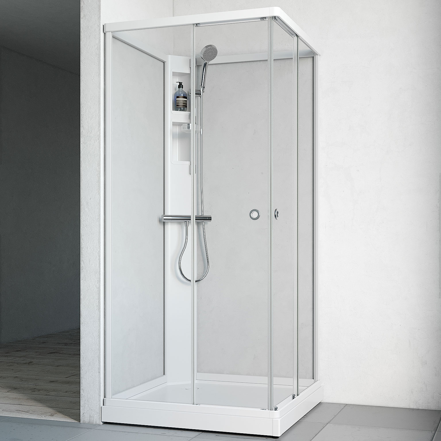 Flow kab Rak InkBl 8x8 V KLV 810x810 mm, Vit Profil, Klarglas/Vit bakvägg