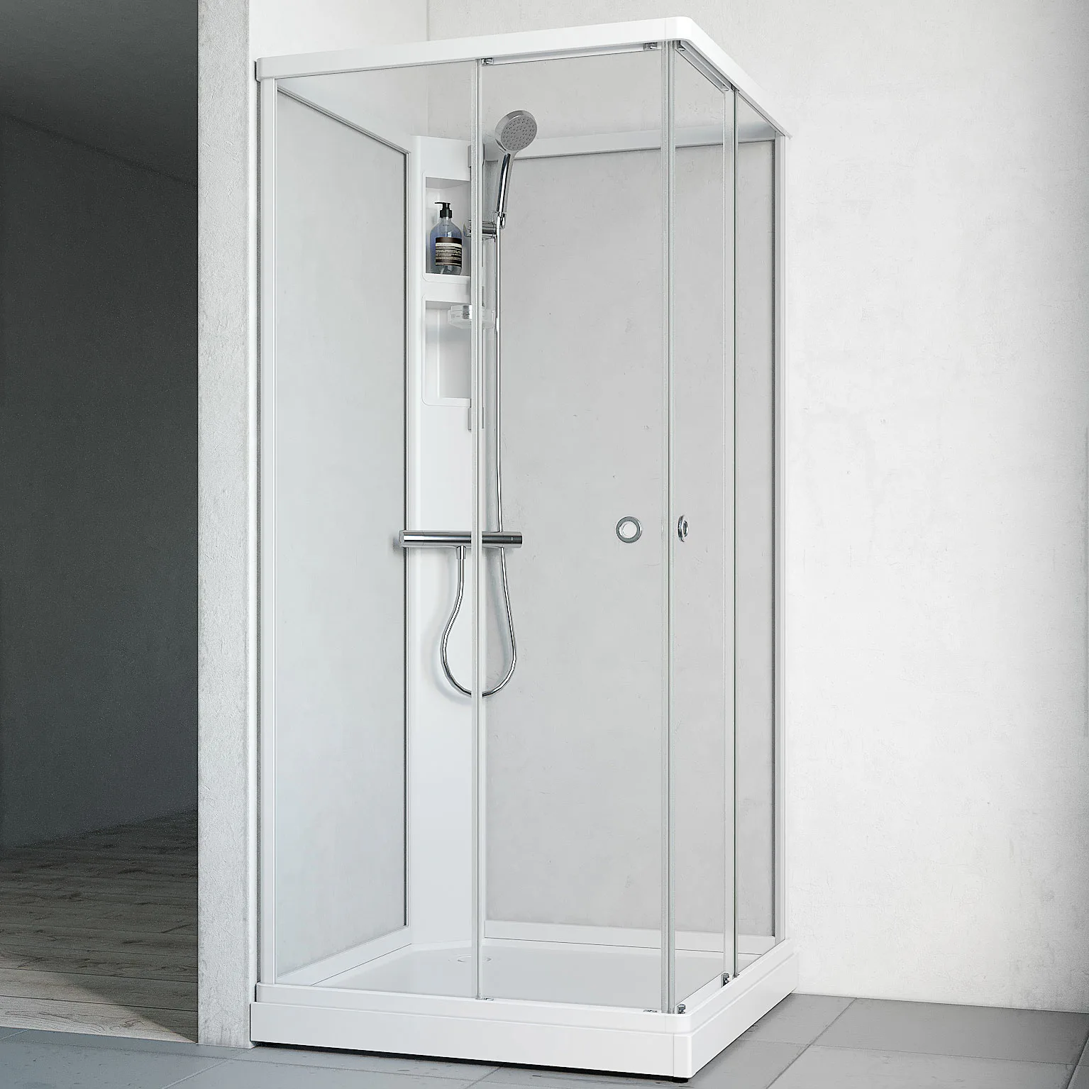 Flow kab Rak InkBl 9x9 V KL 910x910 mm, Vit Profil, Klarglas