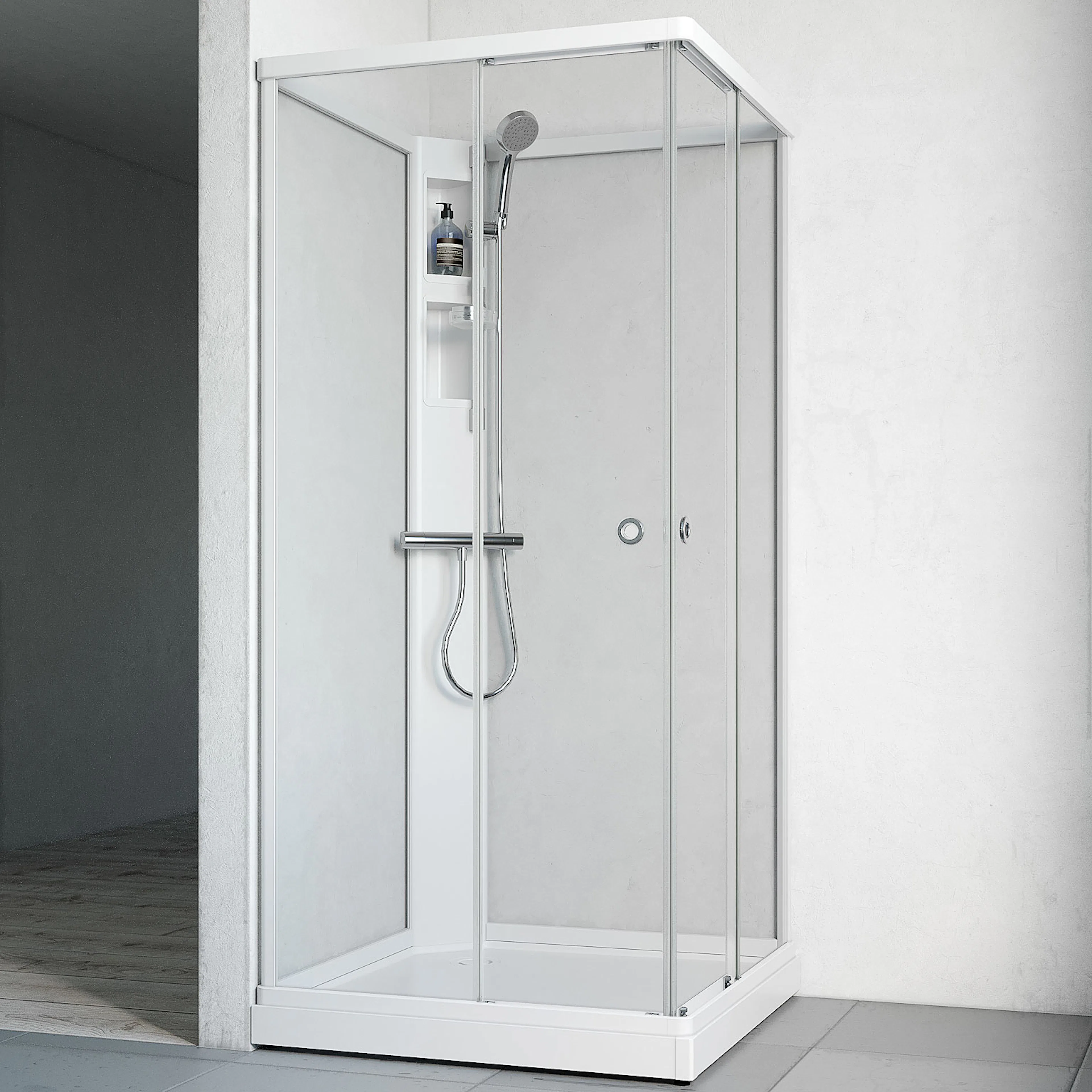 Flow kab Rak InkBl 9x9 V KL 910x910 mm, Vit Profil, Klarglas