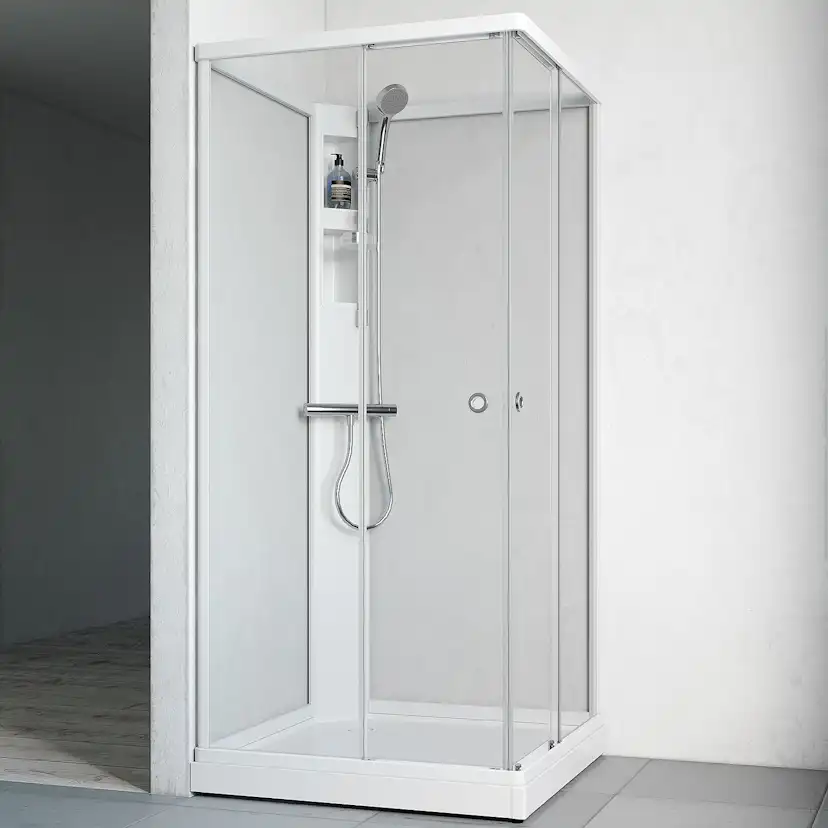 Flow kab Rak InkBl 8x8 V KLV 810x810 mm, Vit Profil, Klarglas/Vit bakvägg