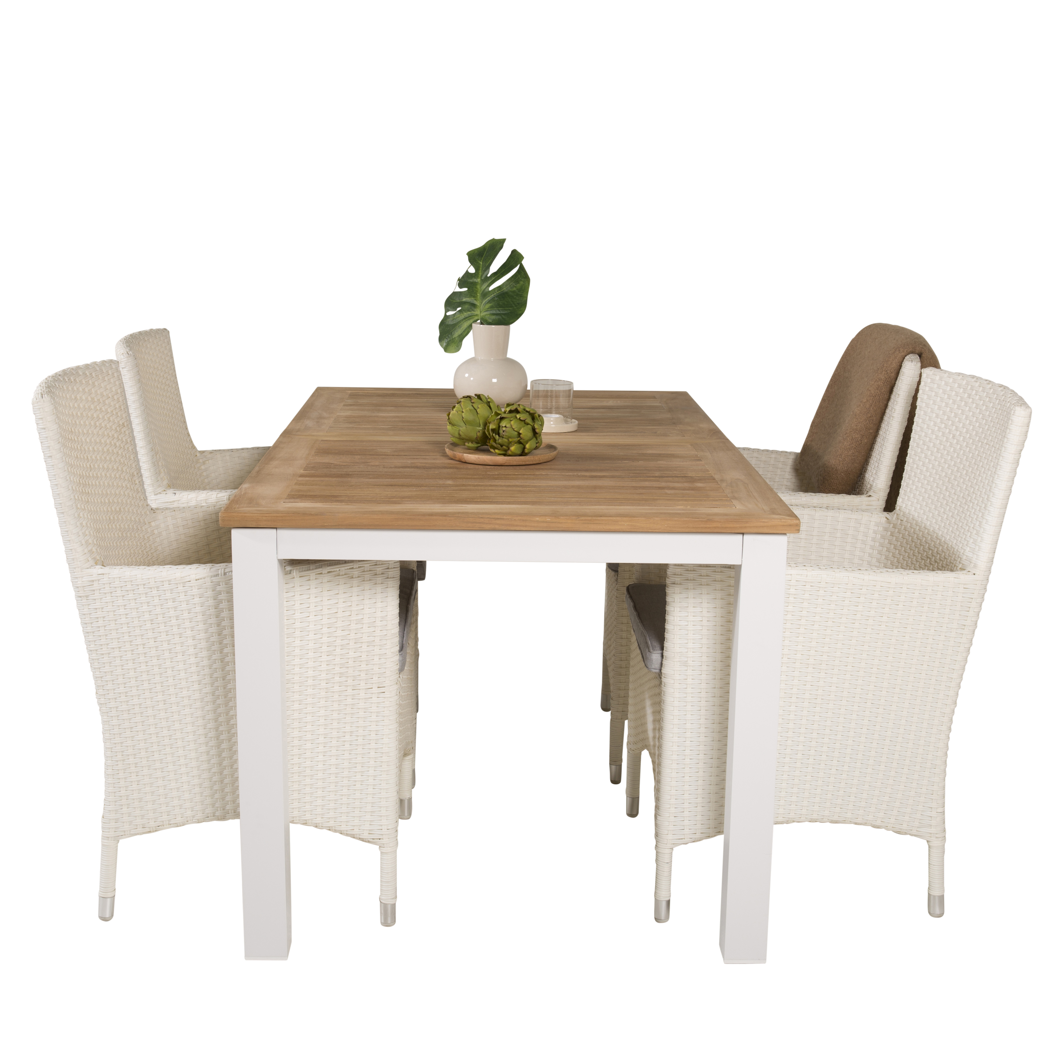 Panama Bord152/210*90-vit/Teak+Malin stol vit/Grå dyna4 Matta Ben