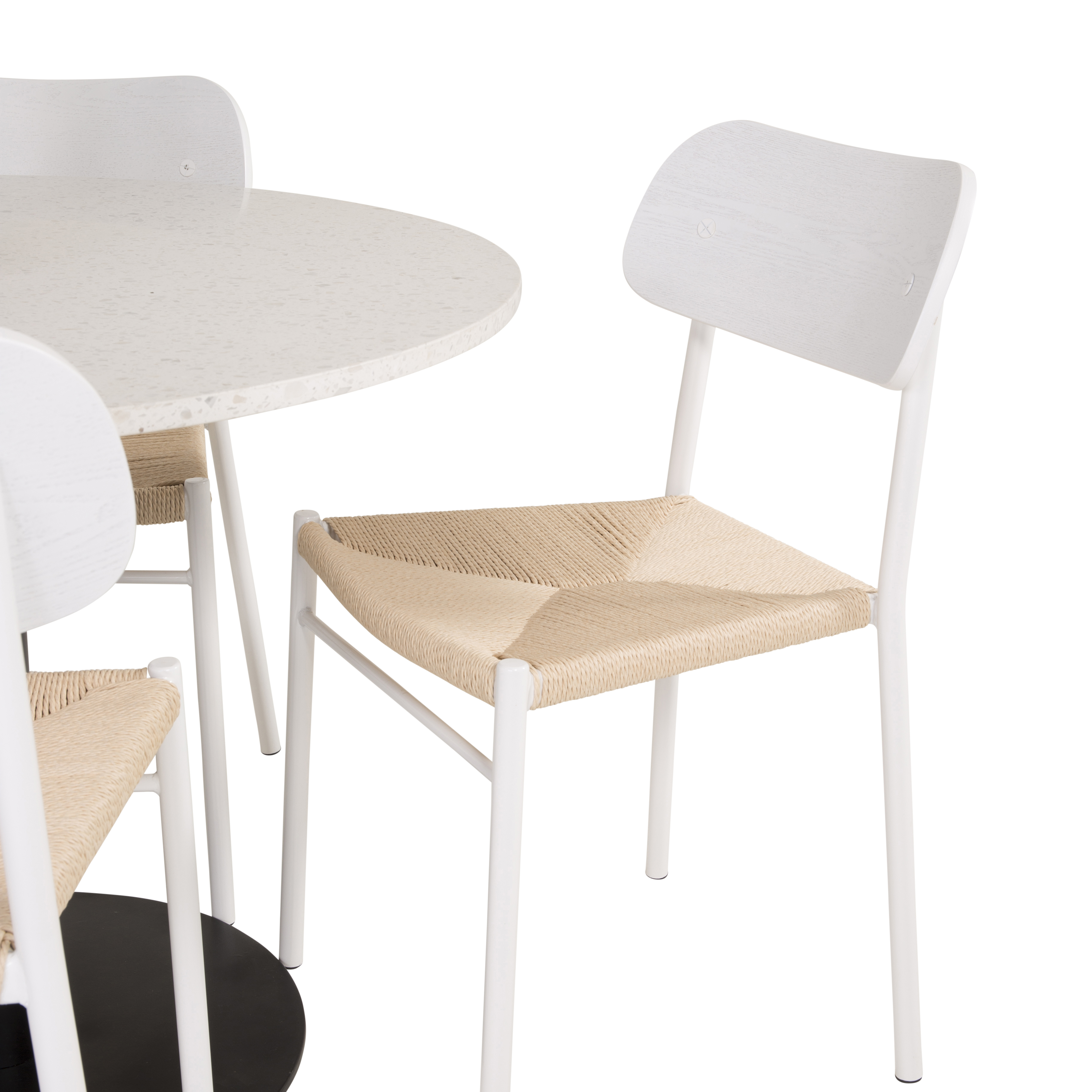 RazziaBord106cm-VitTerazzo/Black+PollyStol-Vit/Nature4 Vit Bord med Svarta Ben, Beige Stol med Vita Ben