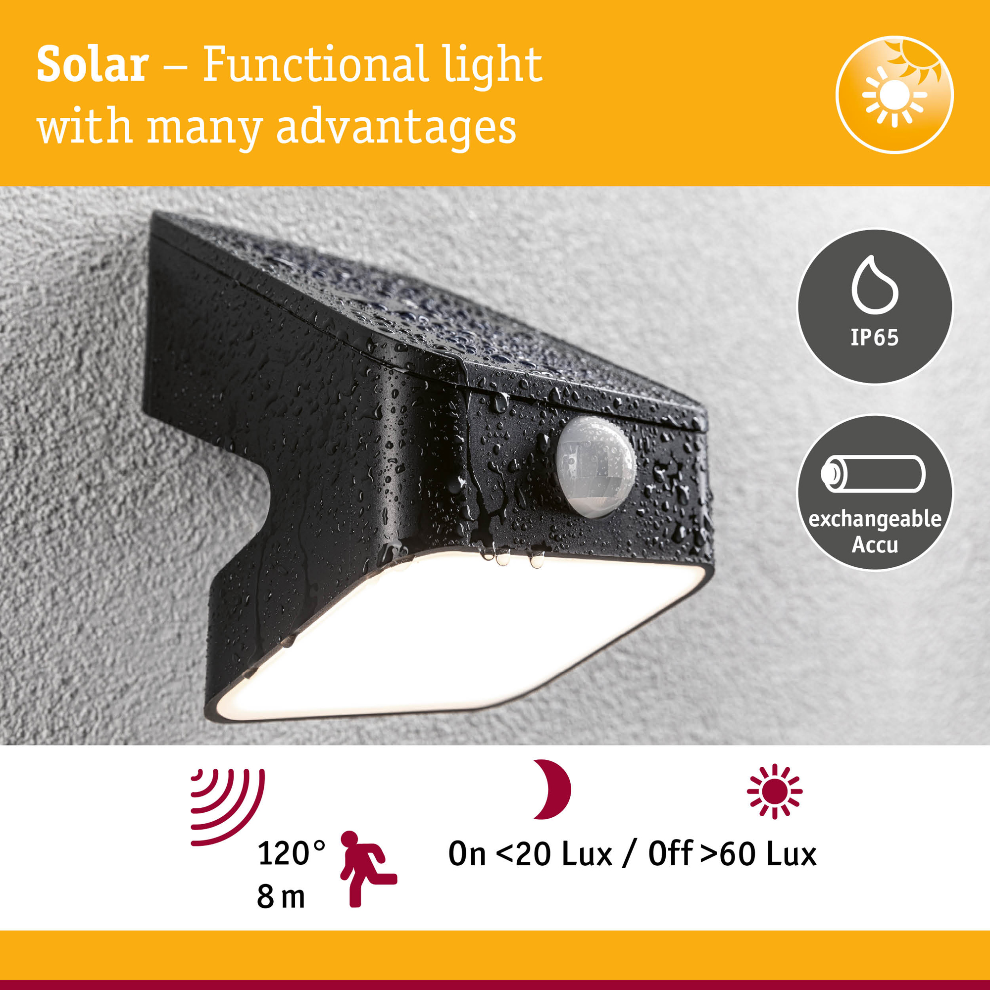 Fasadbelysning Solcell Paulmann Lesly LED med Skymningsstyrd rörelsedetektor IP65