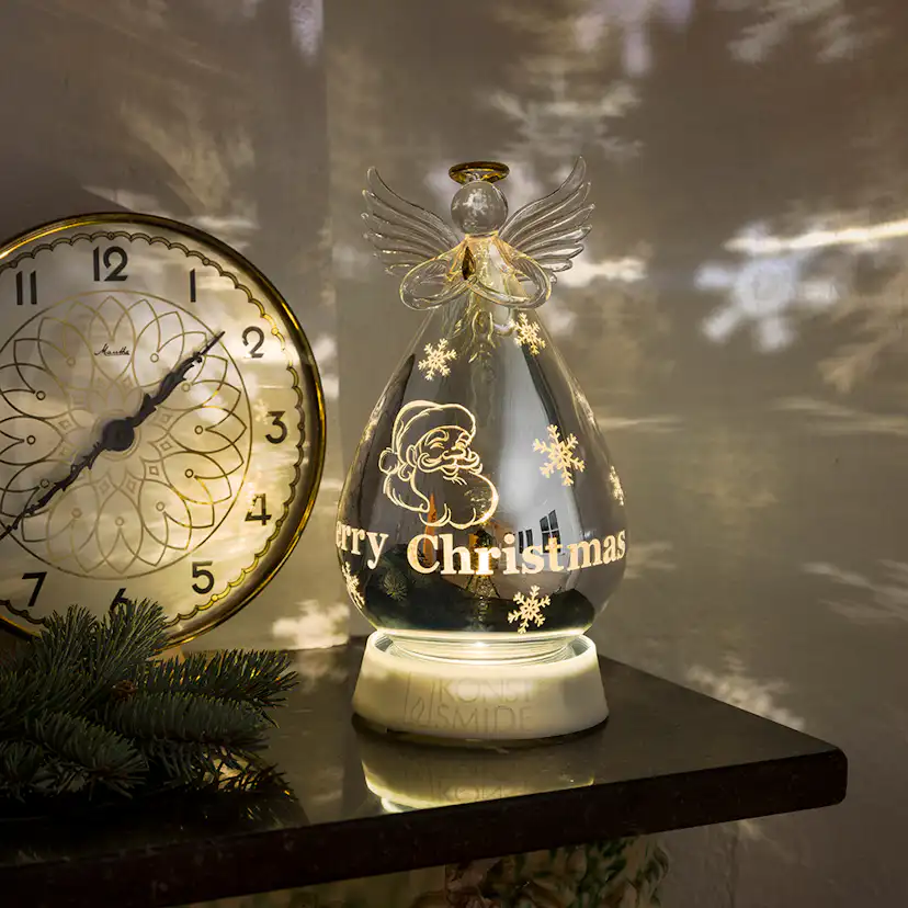 Glasboll ängel silver 18cm varmvit LED timer 6h 3xAA H: 180 mm