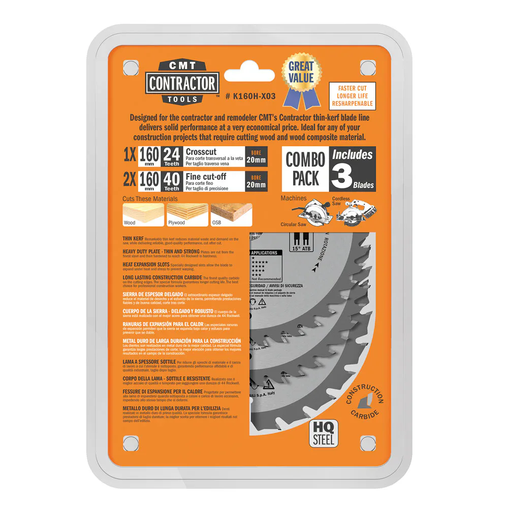 Sågklinga CMT Orange Tools Contractor Set 3 delar 160x20 Z24-40-40 W C