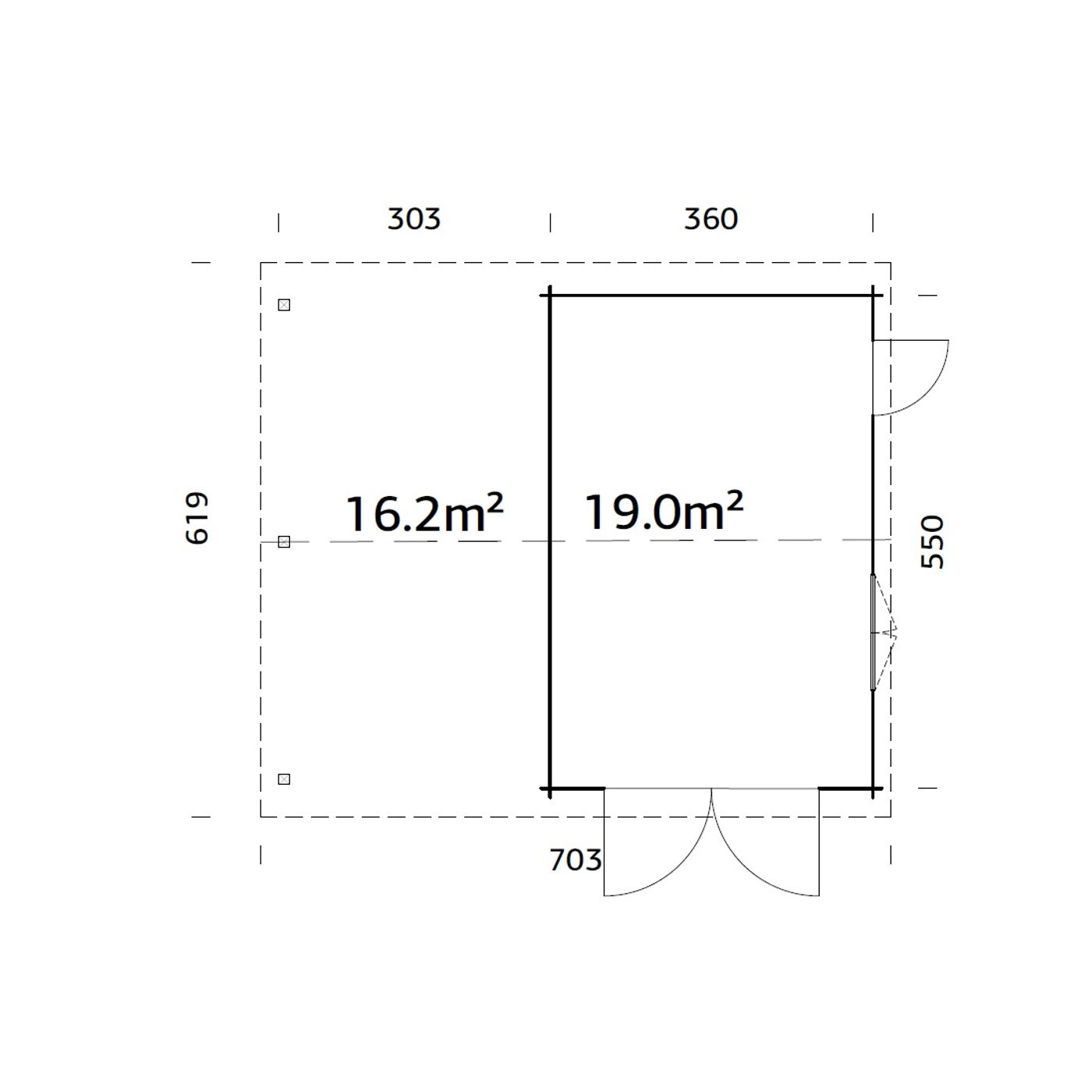 Roger 19,0+16,2 m2 with wooden gate PNT7012W2 Målad grå RAL7012 + vit RAL9016