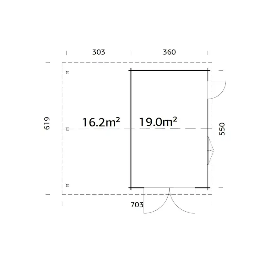 Roger 19,0+16,2 m2 with wooden gate PNT7012W2 Målad grå RAL7012 + vit RAL9016