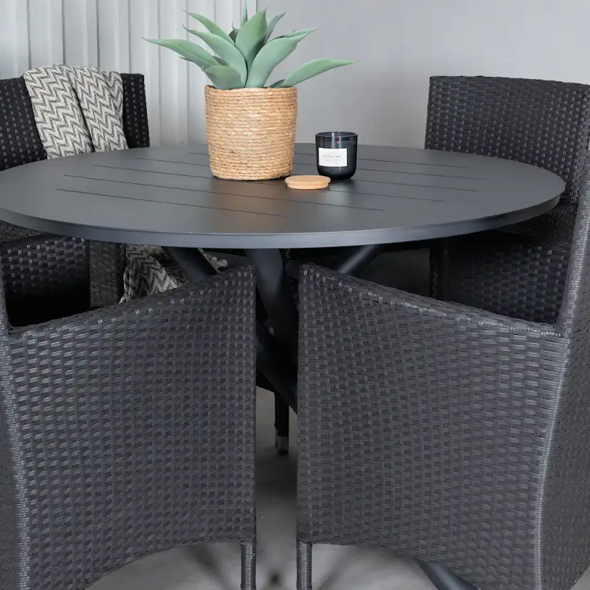 Alma Dining Table - Black Alu - ø120cm+Malin Armchair - Blac Svart
