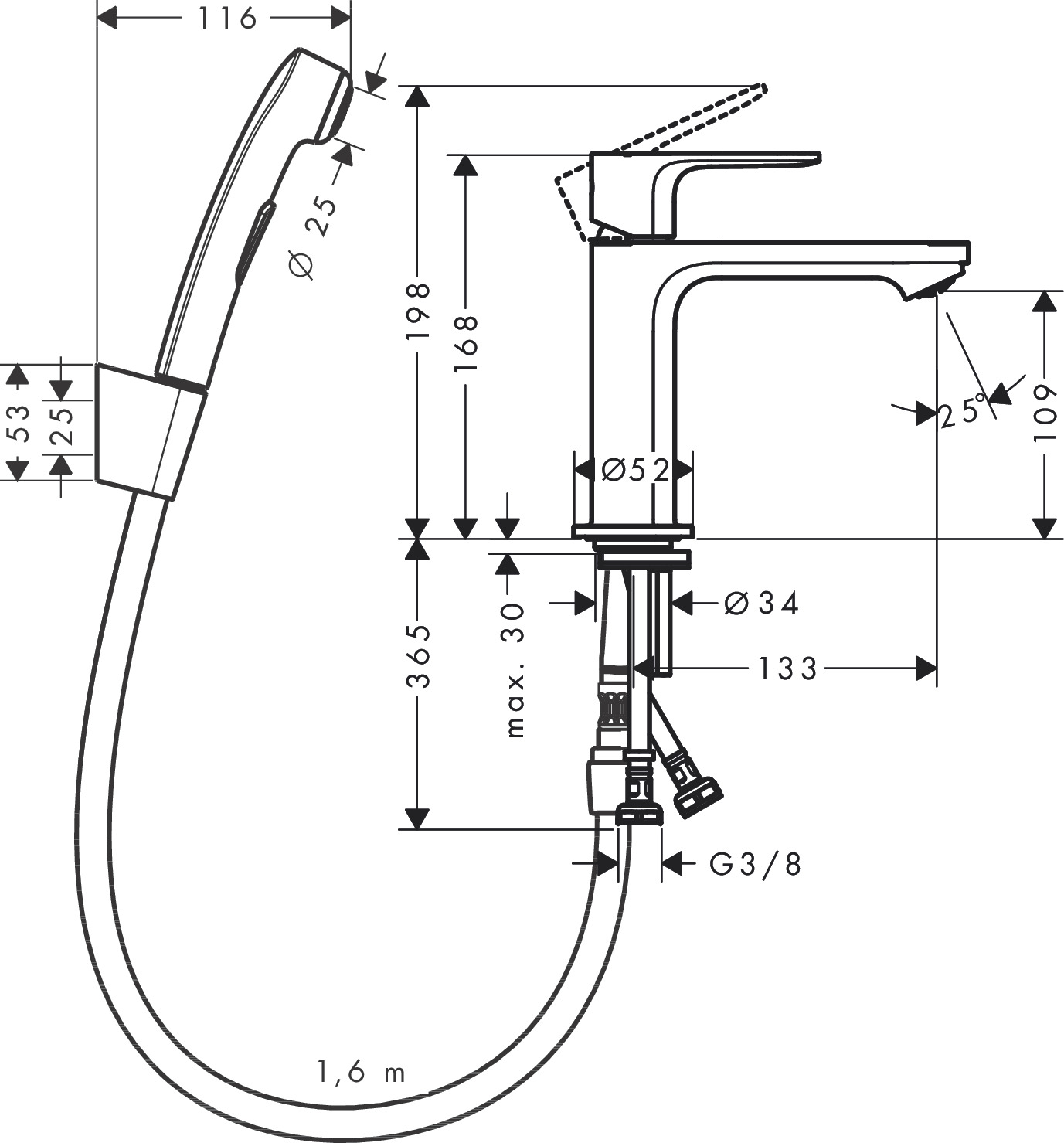 Tvättställsblandare Rebris E 1-grepps 110 med Handdusch och Duschslang 160 cm utan Bottenventil
