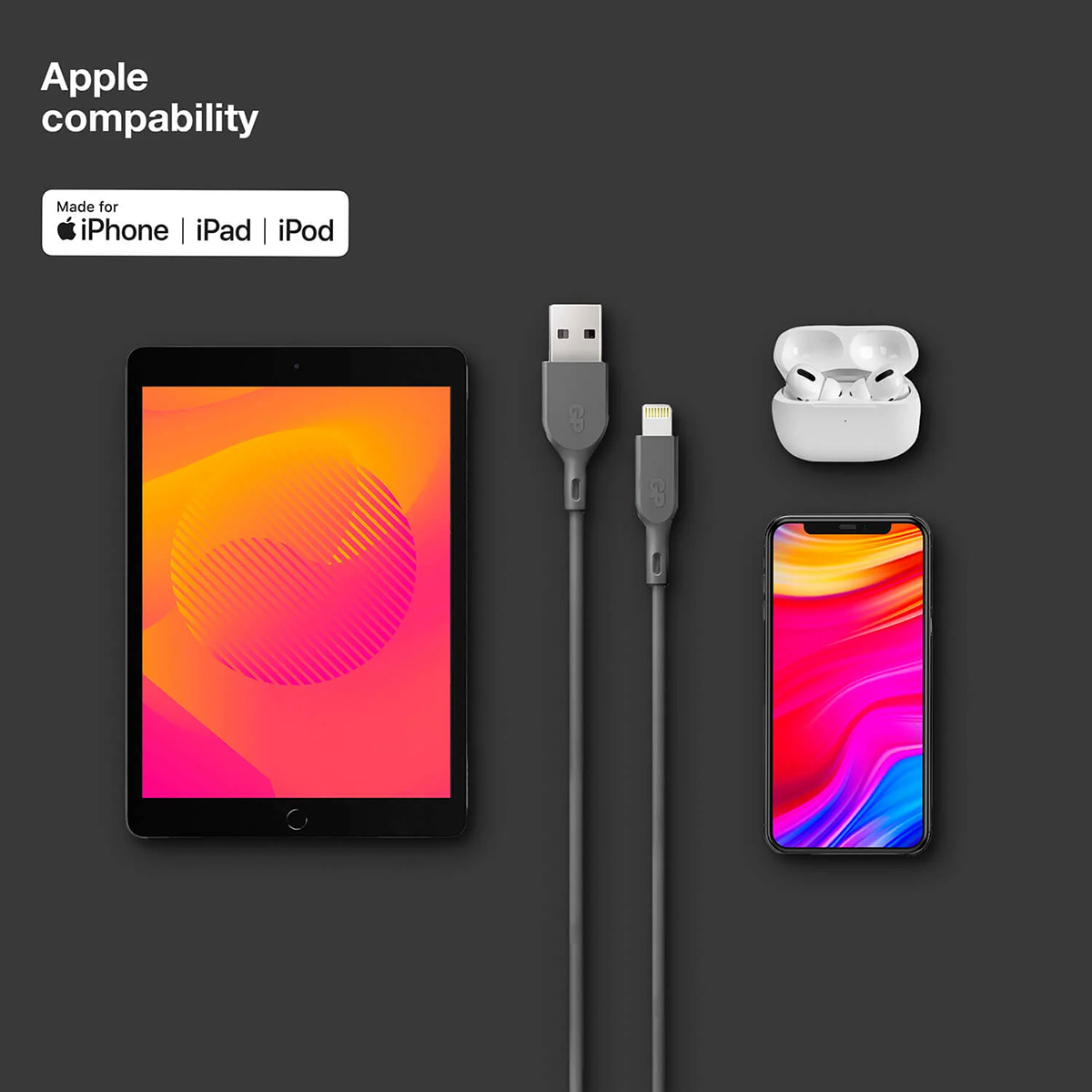 Mobilladdare GP Batteries USB-A Till Lightning Kabel CL1N 1m Grå