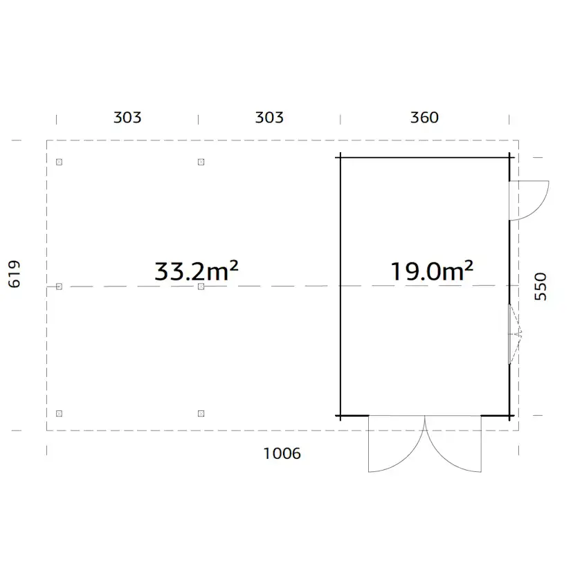 Roger 19,0+33,2 m2 with wooden gate PNT9016W2 Målad vit RAL9016