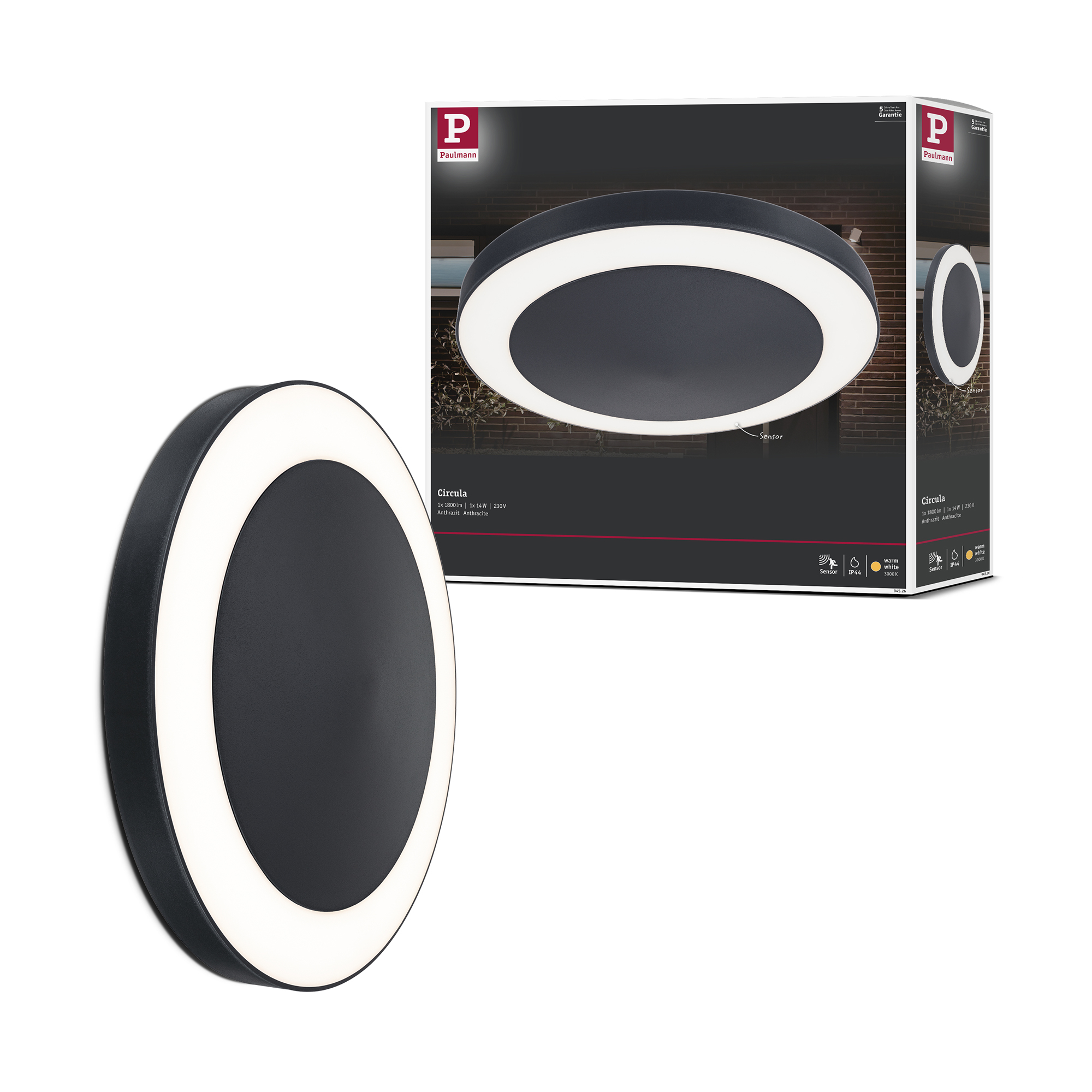 Taklampa LED Paulmann Circula med Skymningsstyrd rörelsedetektor Seawater Resistant IP44 230V Färg: Antracit