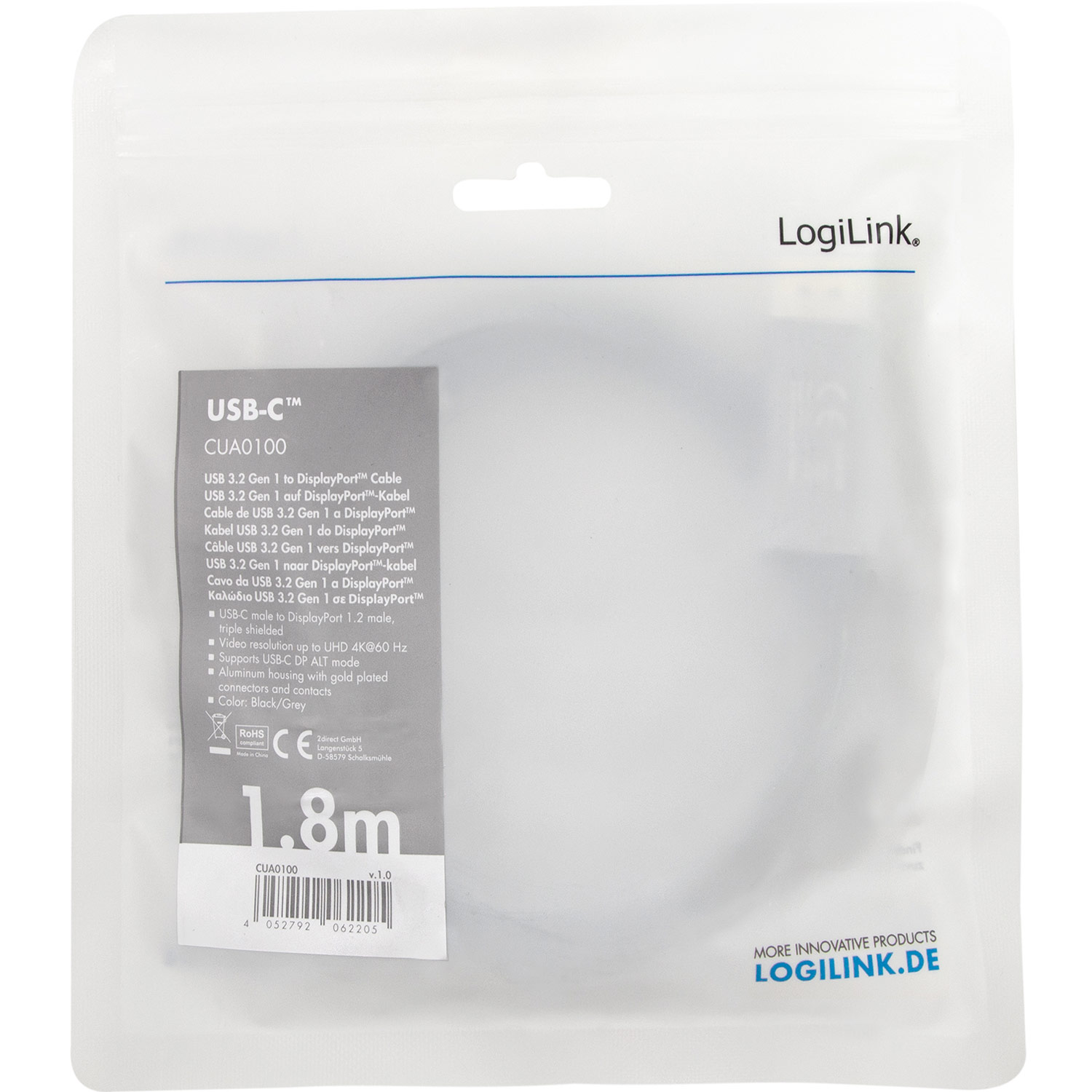 Kabel LogiLink USB-C till DisplayPort 4K/60Hz Aluminium 1,8 m