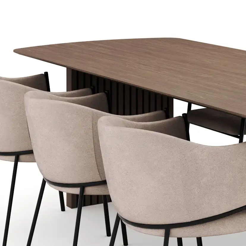Matgrupp Bark Richeto Rektangulärt Matbord 240 cm Rökt Ek med 6 Evelina Matstol