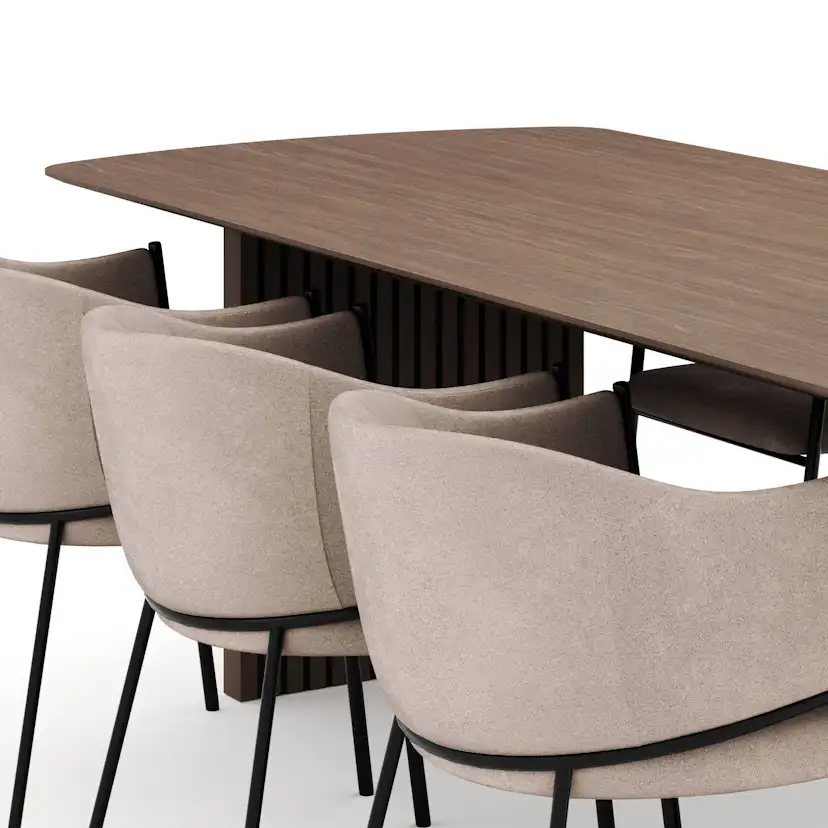 Matgrupp Bark Richeto Rektangulärt Matbord 240 cm Rökt Ek med 6 Evelina Matstol