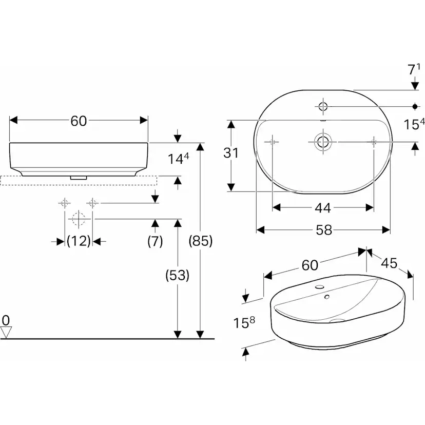 Tvättställ Geberit Variform 600 mm Lay-on Elliptiskt Kanthylla