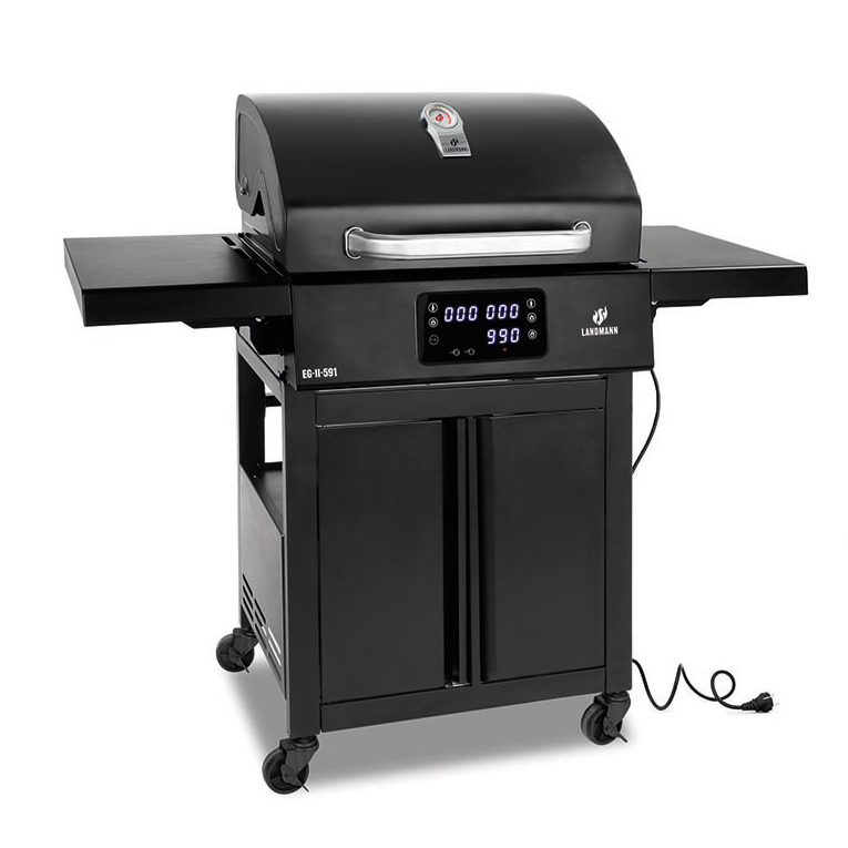 Elgrill Landmann 1192 Black 2023 med Gjutjärnsgaller med Inbyggd Termometer & Sidobord
