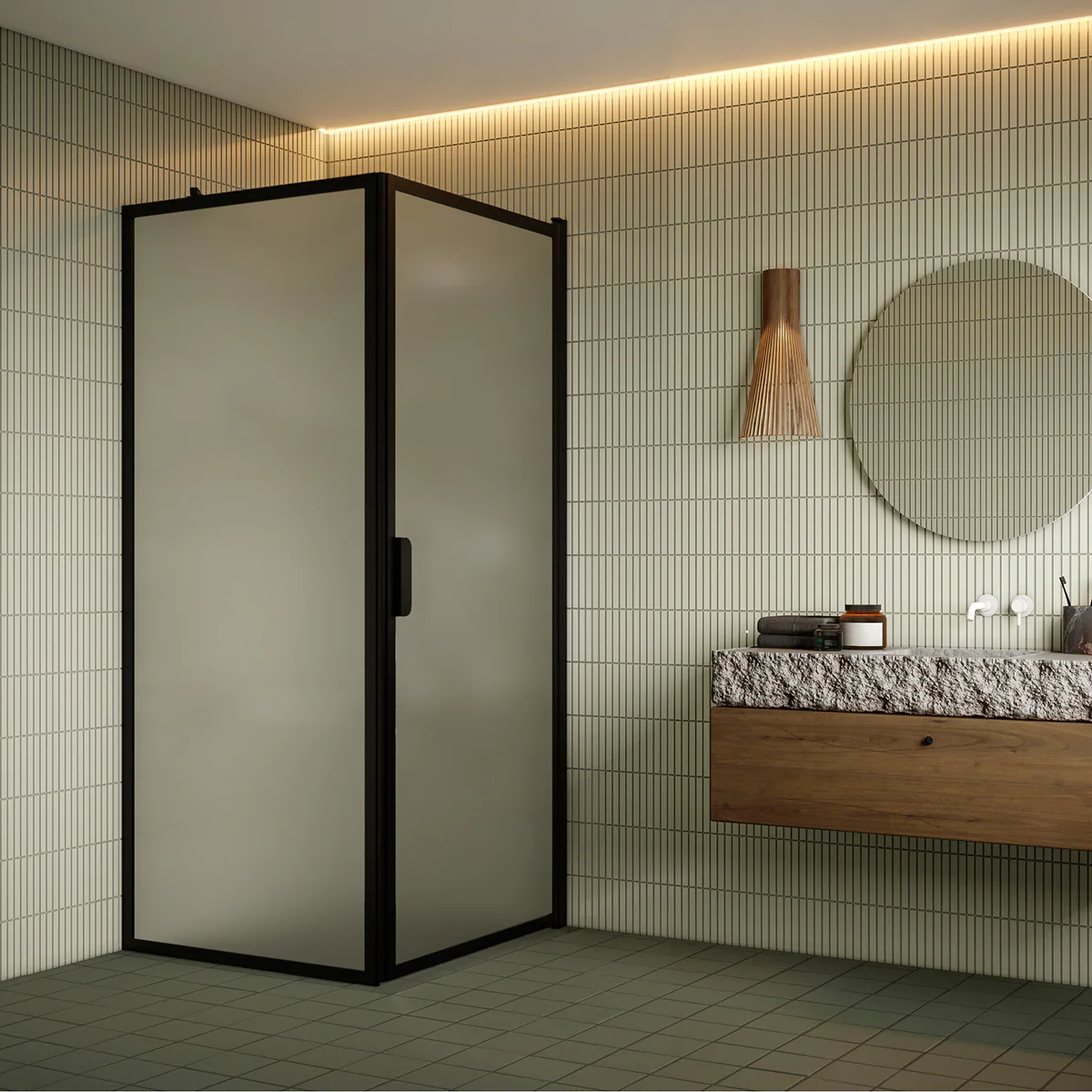 Bläk 755 NY duschhörn svart/satin 719x917 719 Fast Vägg (L1) x 917 Vändbar Dörr (L2) mm, Satin, Svarta Profiler