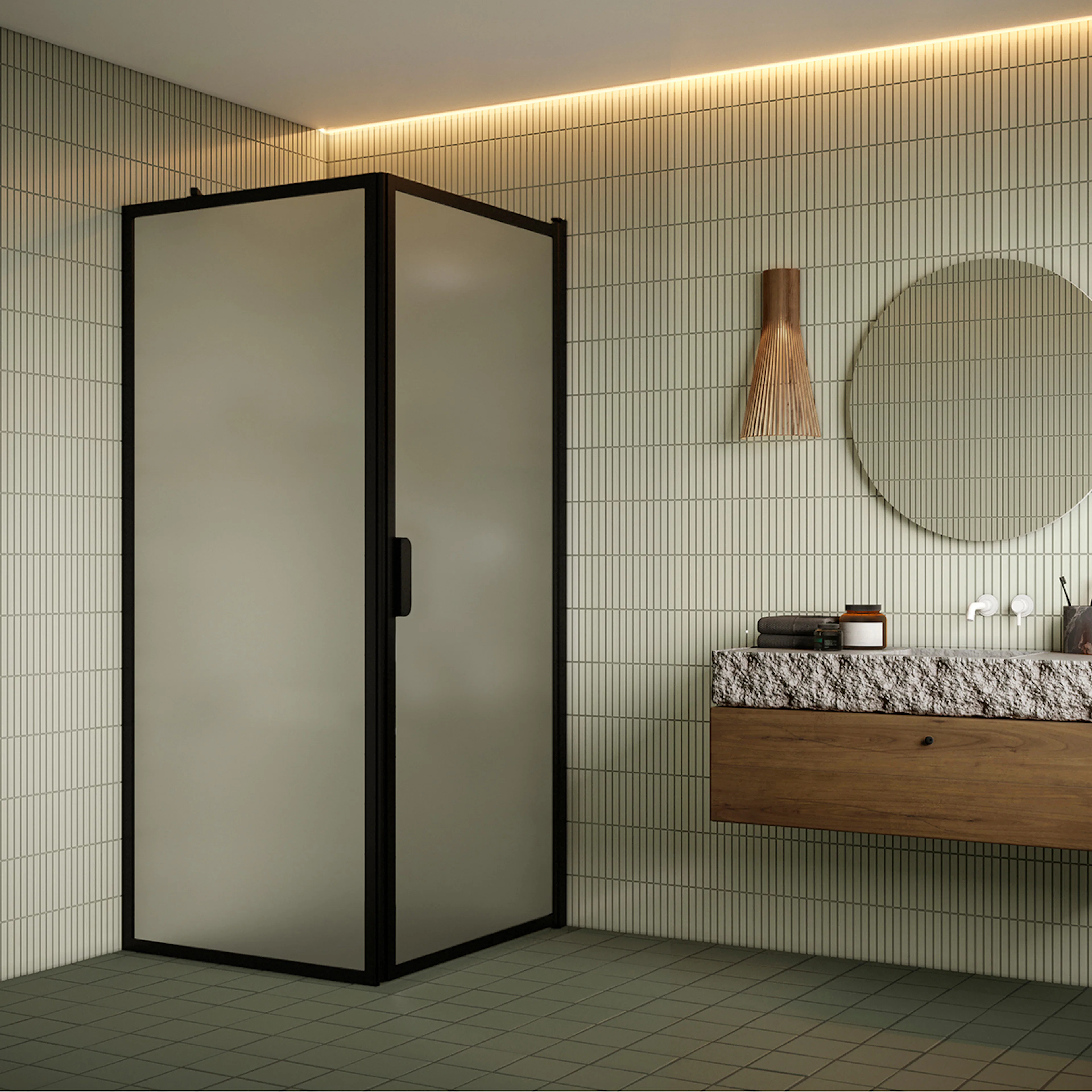 Bläk 755 NY duschhörn svart/satin 719x917 719 Fast Vägg (L1) x 917 Vändbar Dörr (L2) mm, Satin, Svarta Profiler