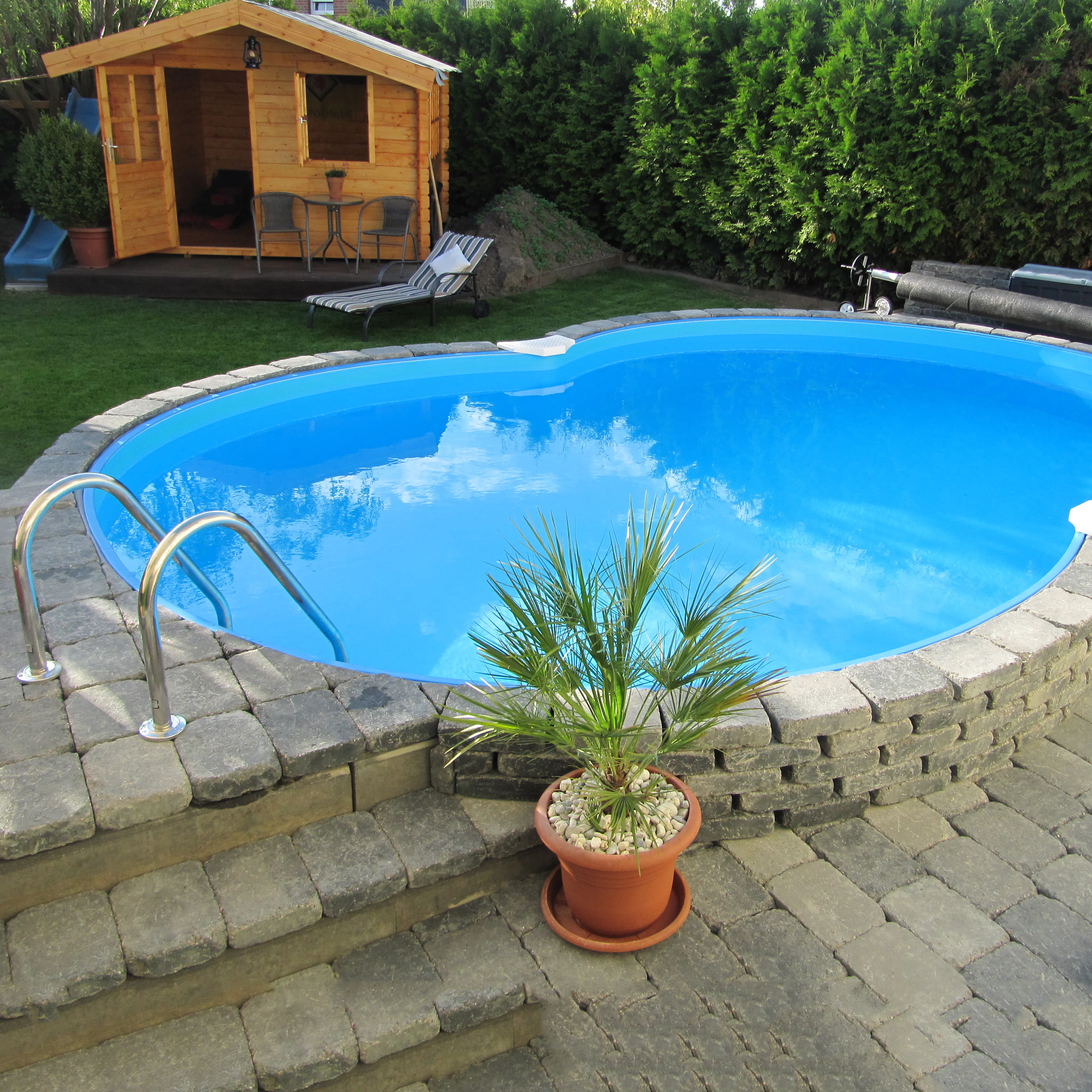 Stålväggspool Premium, åttaform, 5,25x3,2x1,5m, inbyggd, L:B Blå