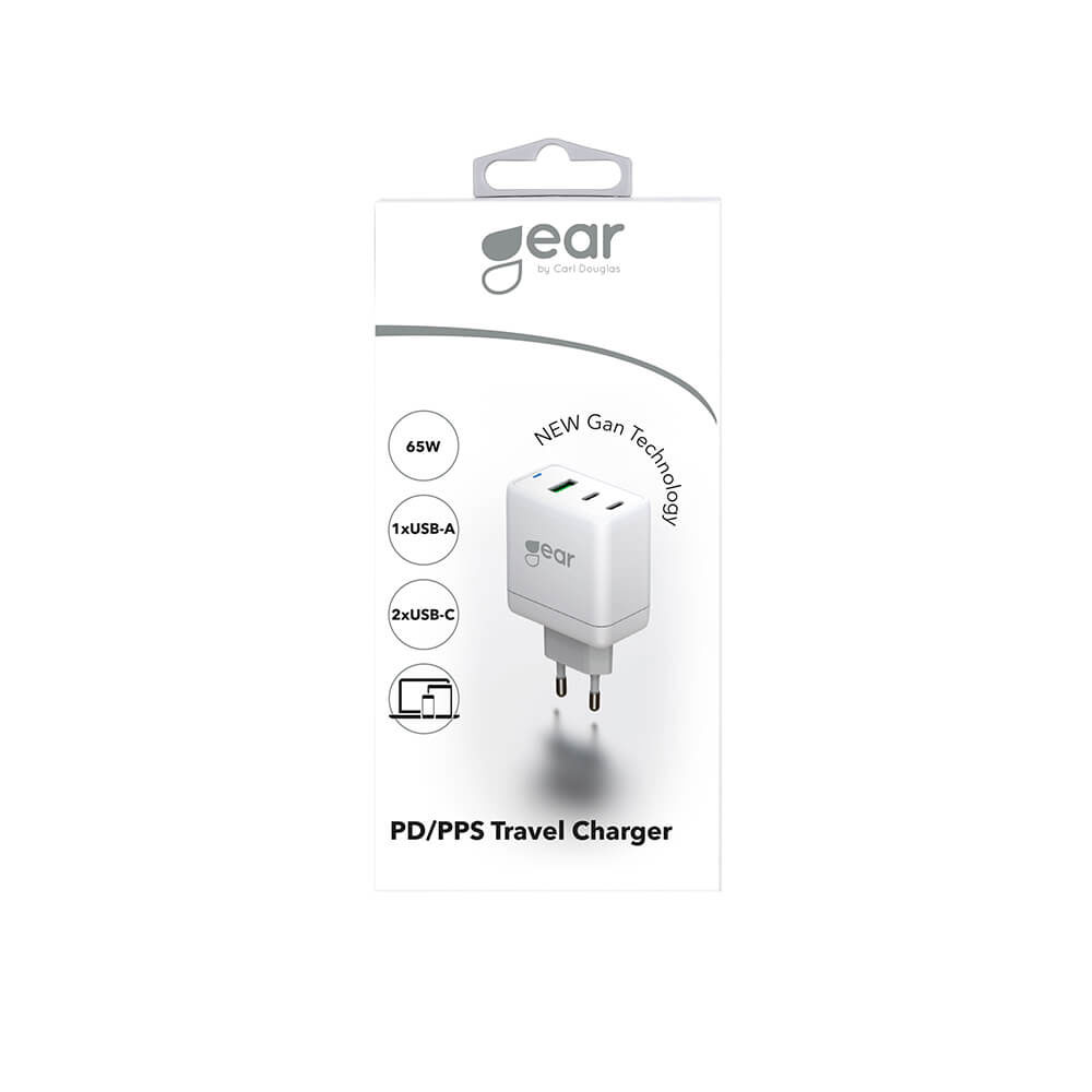 Laddare Gear Gan 220v 2xUSB-C + 1xUSB-A PD 45w + 18w + 5a (tot. 65w)