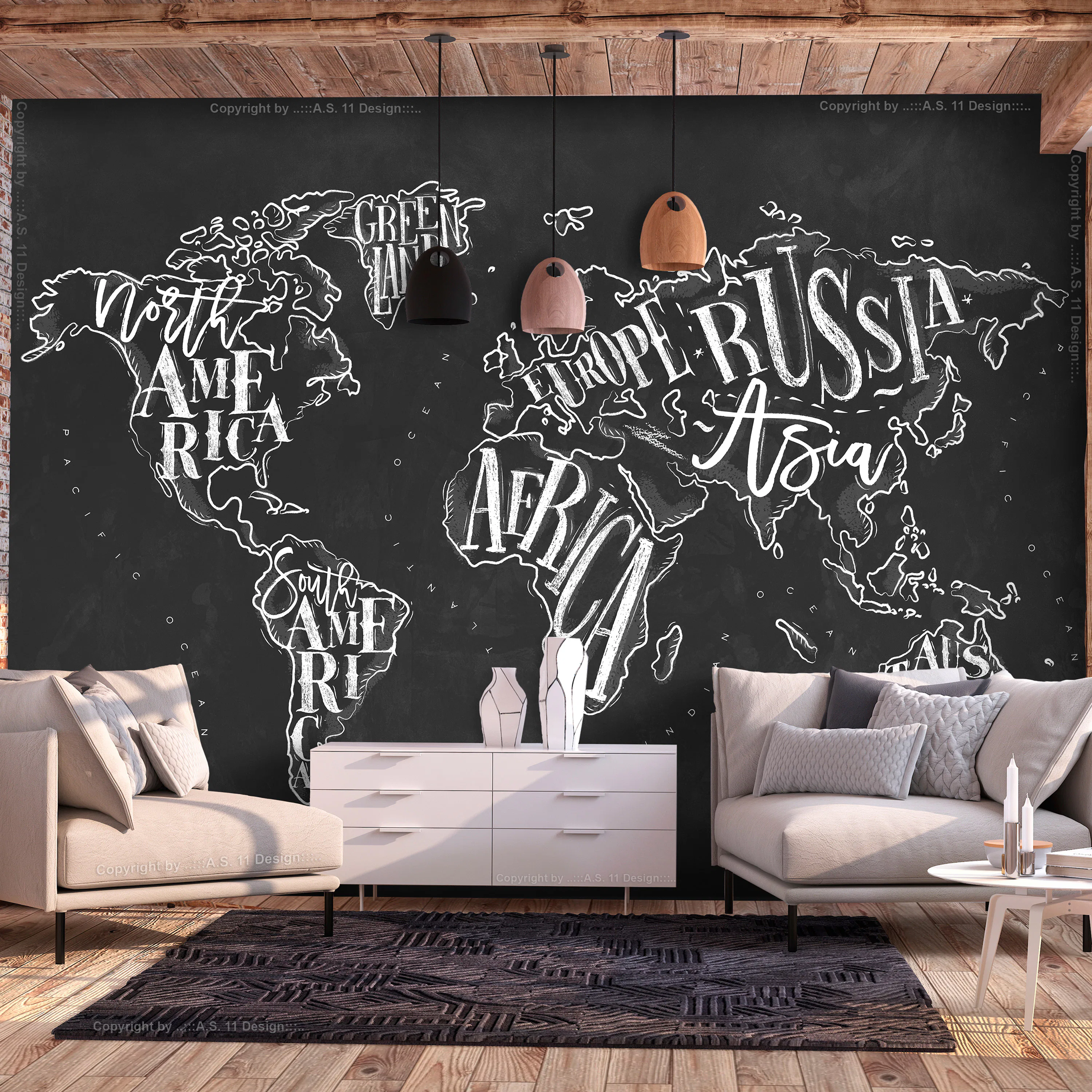 Fototapet Arkiio Självhäftande Retro Continents Black