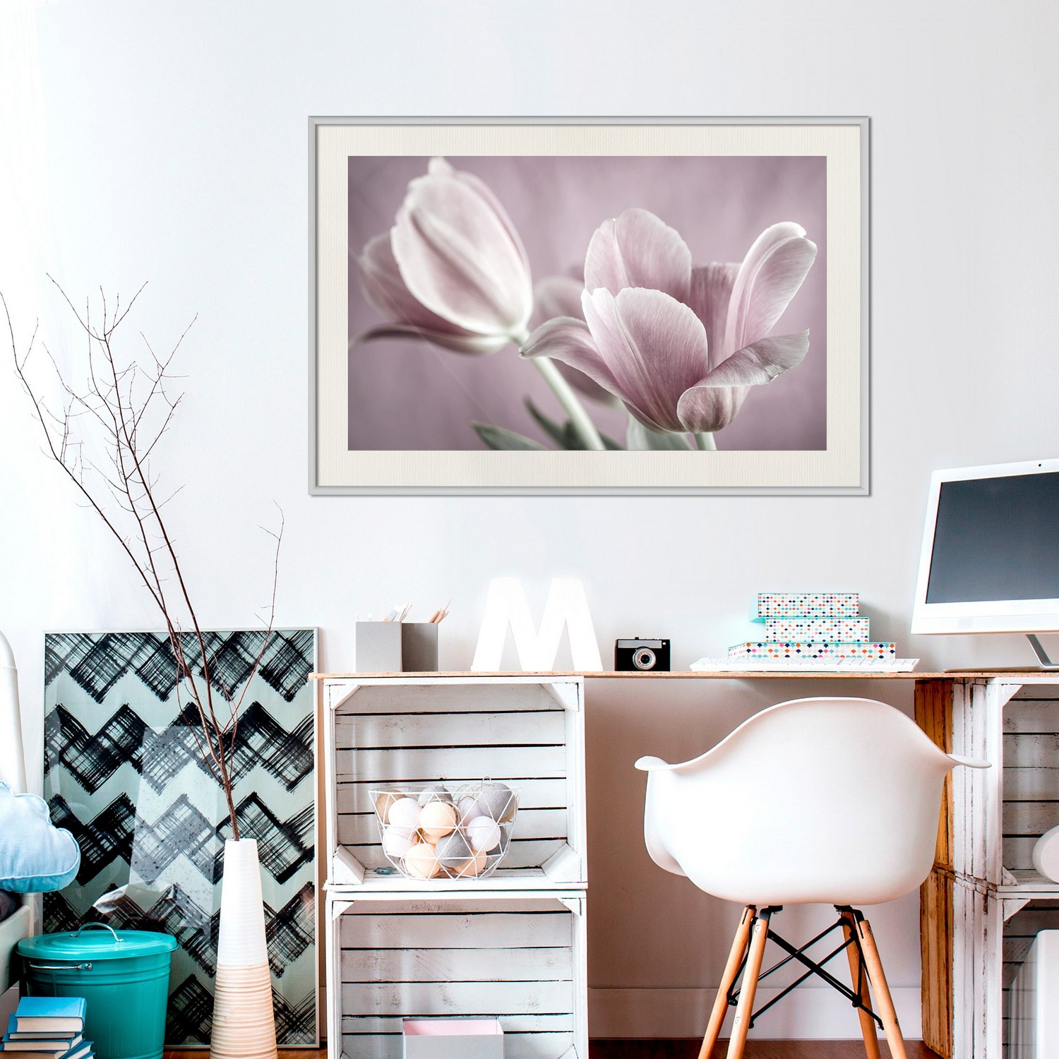 Affisch - Pink Tulips [Poster] 90x60 Vit ram med passepartout, 90x60 cm